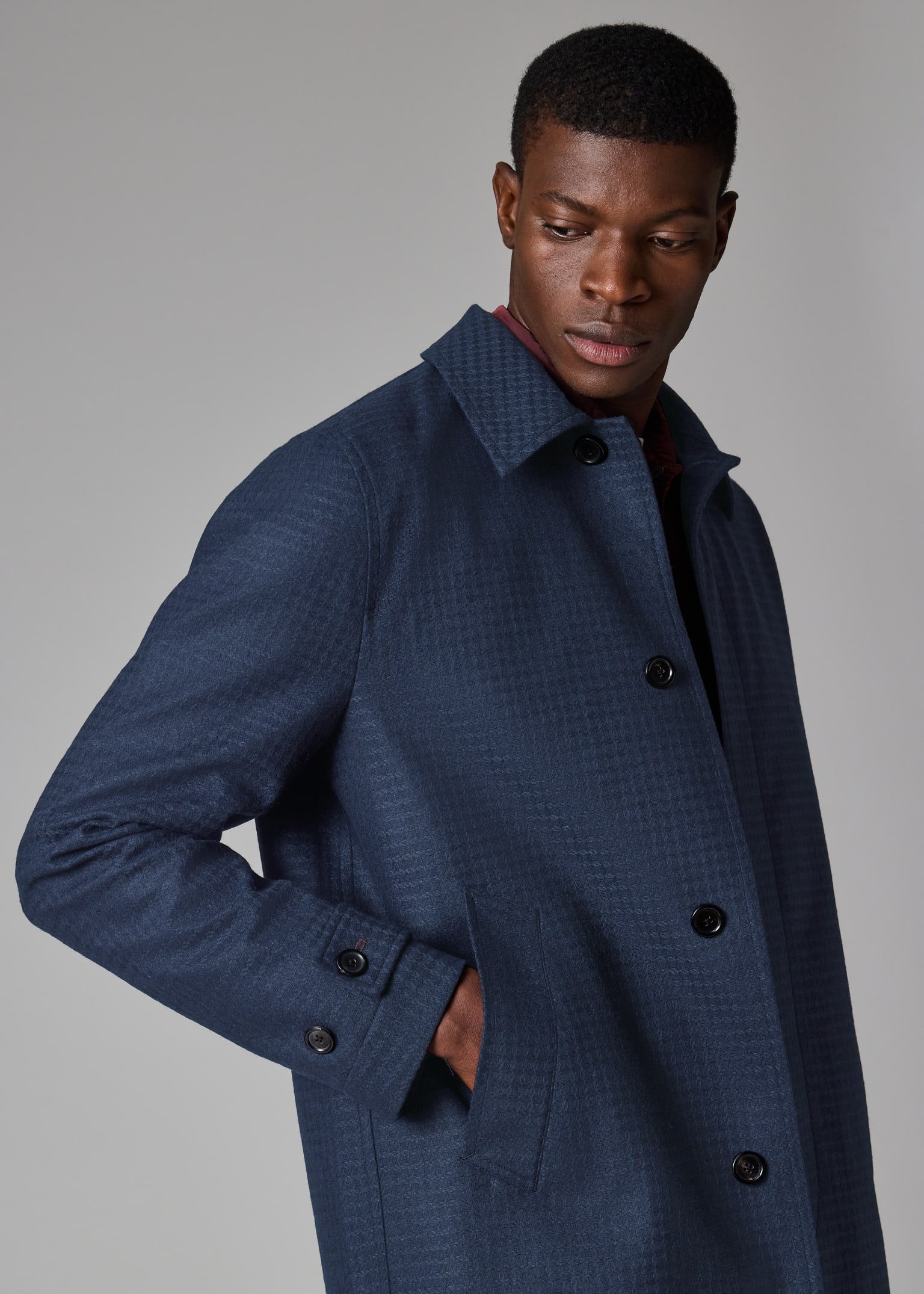 Dark Navy Wool-Blend Check Coat