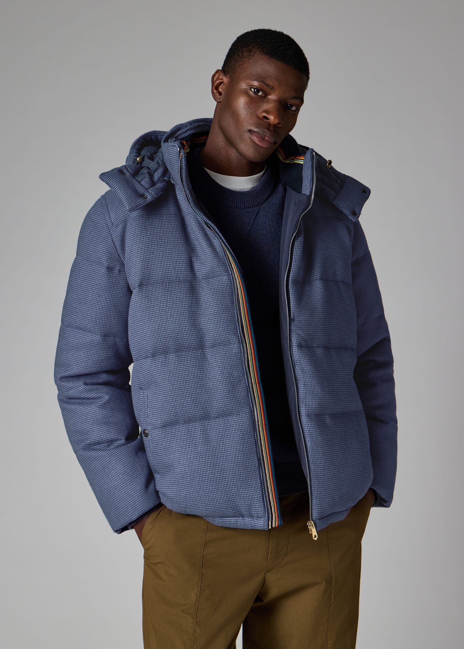 Men's Navy Houndstooth Down Jacket with Detachable Hood