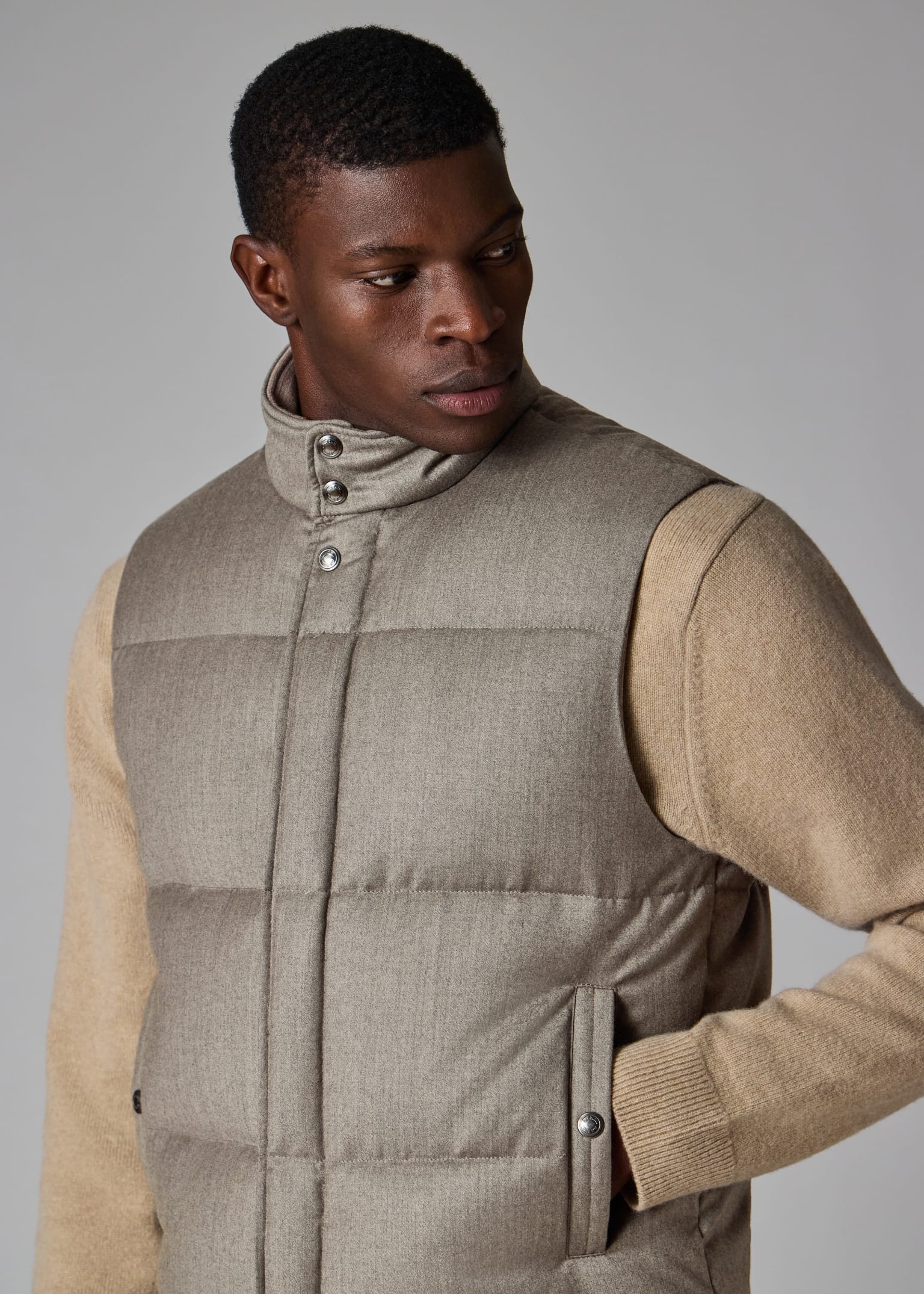 Men's Grey Overdyed Wool-Cashmere Flannel Down Gilet
