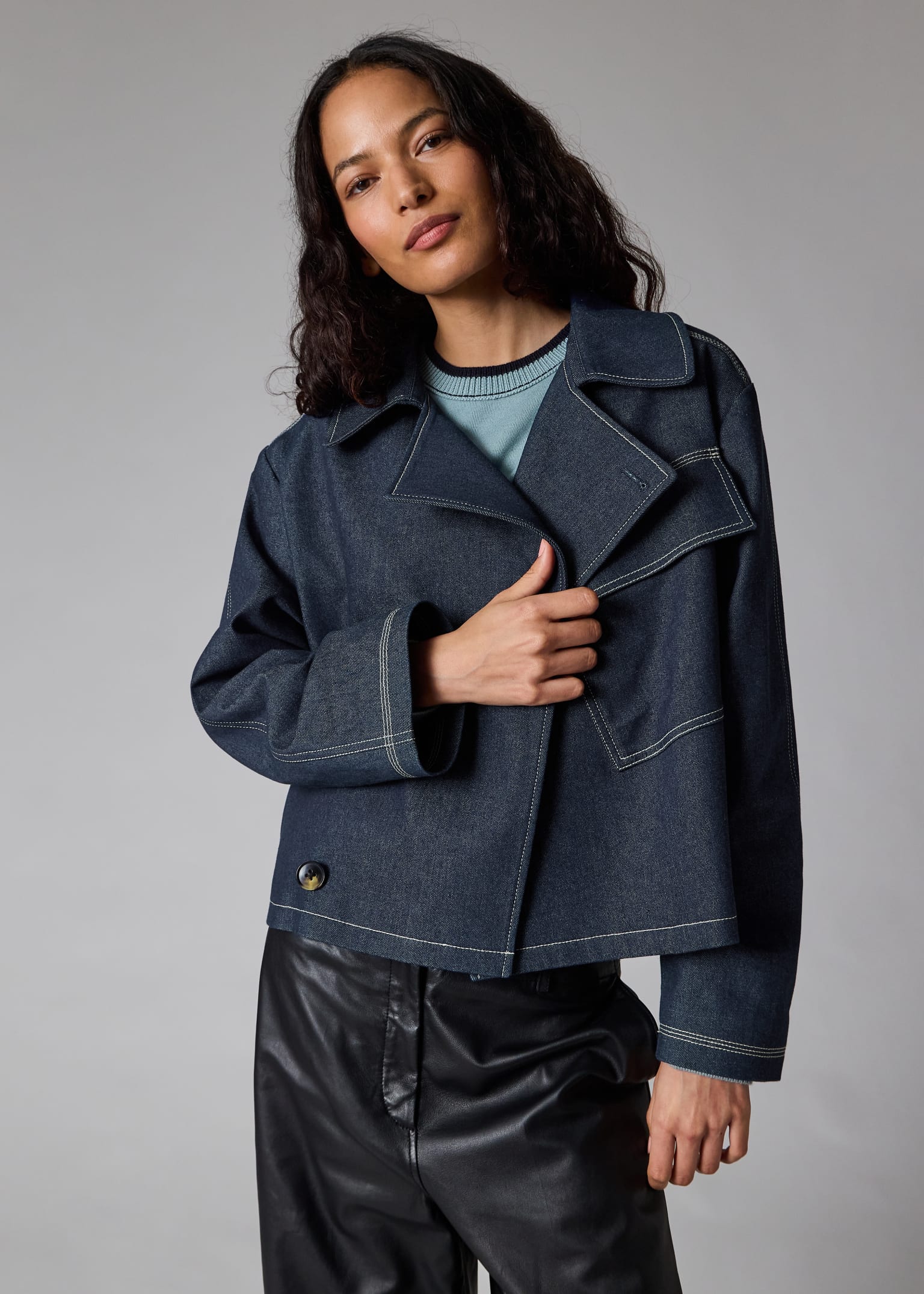 Denim Cotton-Blend Cropped Asymmetric Jacket with Topstitching