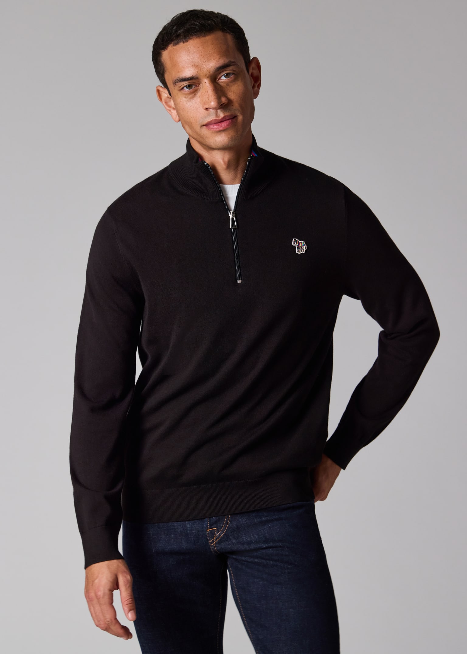 Men's Black Organic Cotton Quarter Zip Zebra Logo Sweater
