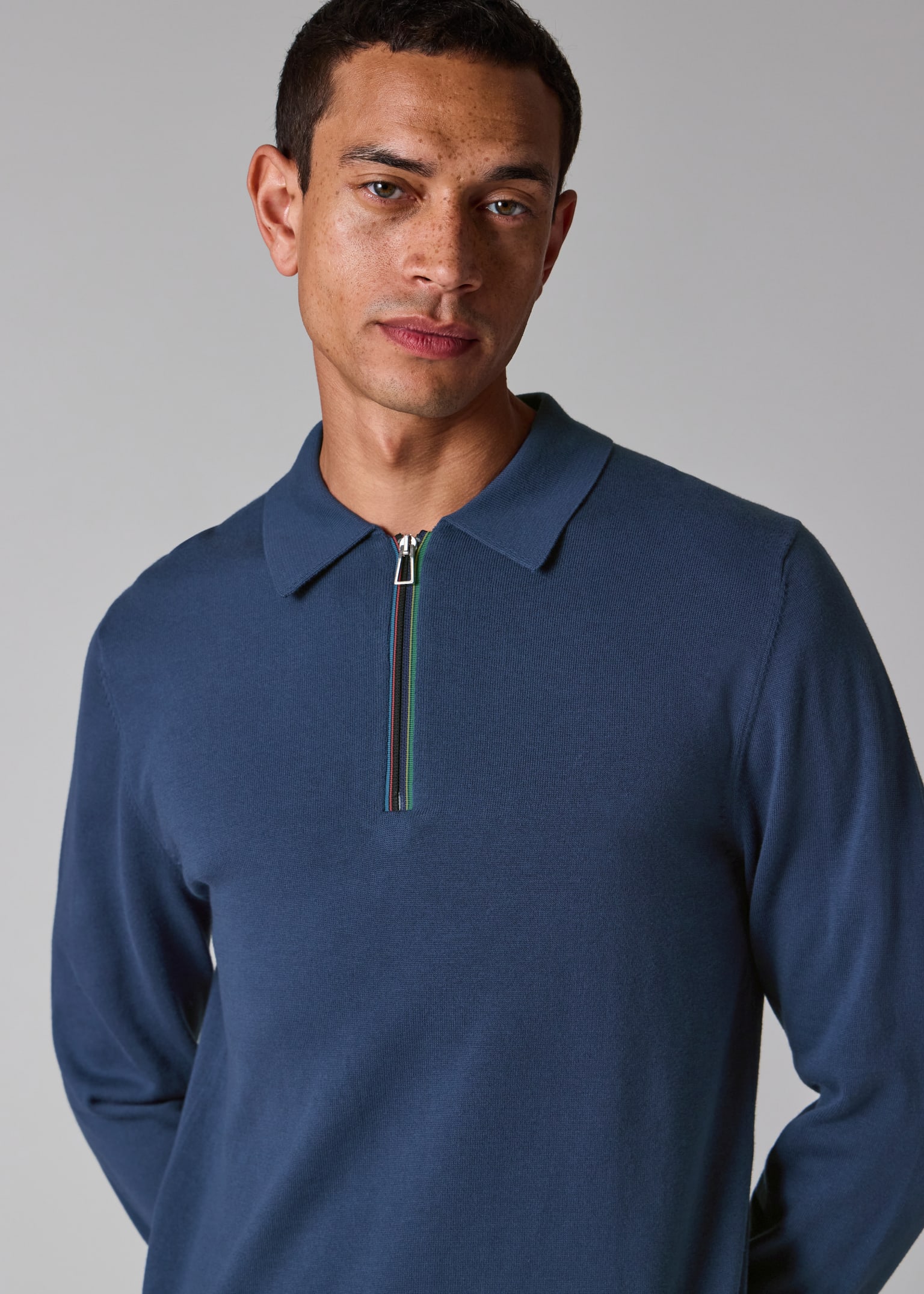 Men's Mid Blue 'Sports Stripe' Zip-Neck Long-Sleeve Polo Shirt