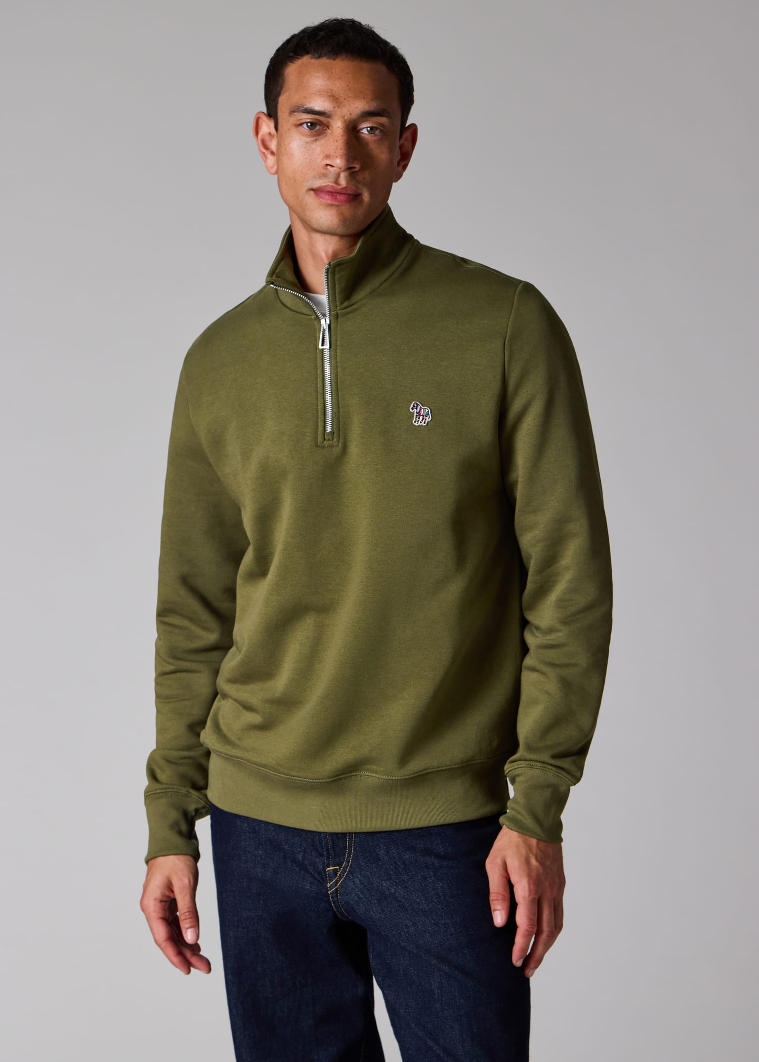 Khaki Green Organic Cotton Zebra Logo Quarter Zip Sweatshirt