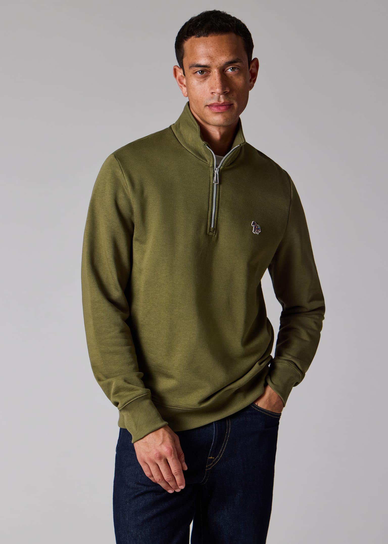 Khaki Green Organic Cotton Zebra Logo Half-Zip Sweatshirt