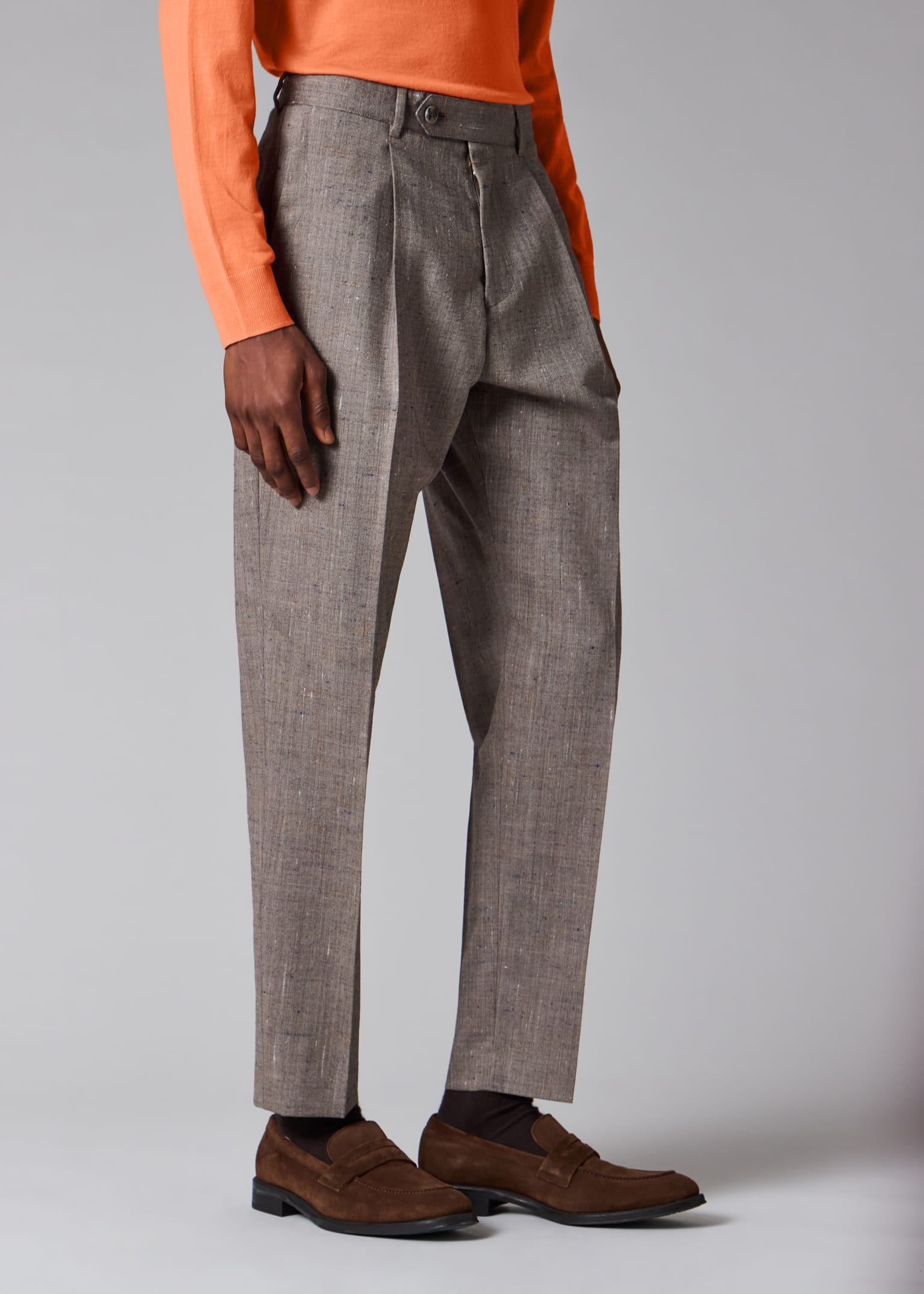 Men's Tapered-Fit Brown Flecked Wool-Viscose Pleated Trousers