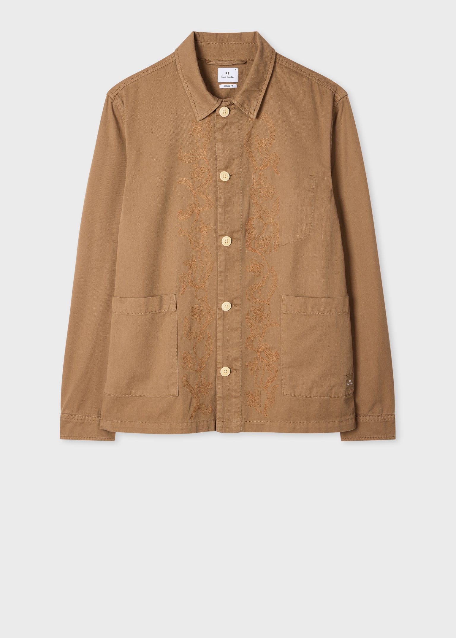 Men's Tan Embroidered-Floral Cotton Work Jacket