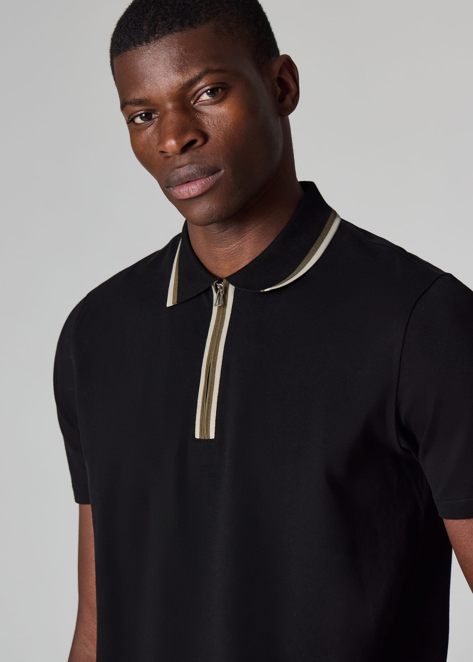 Men's Black Contrast Tipping Zip Polo Shirt