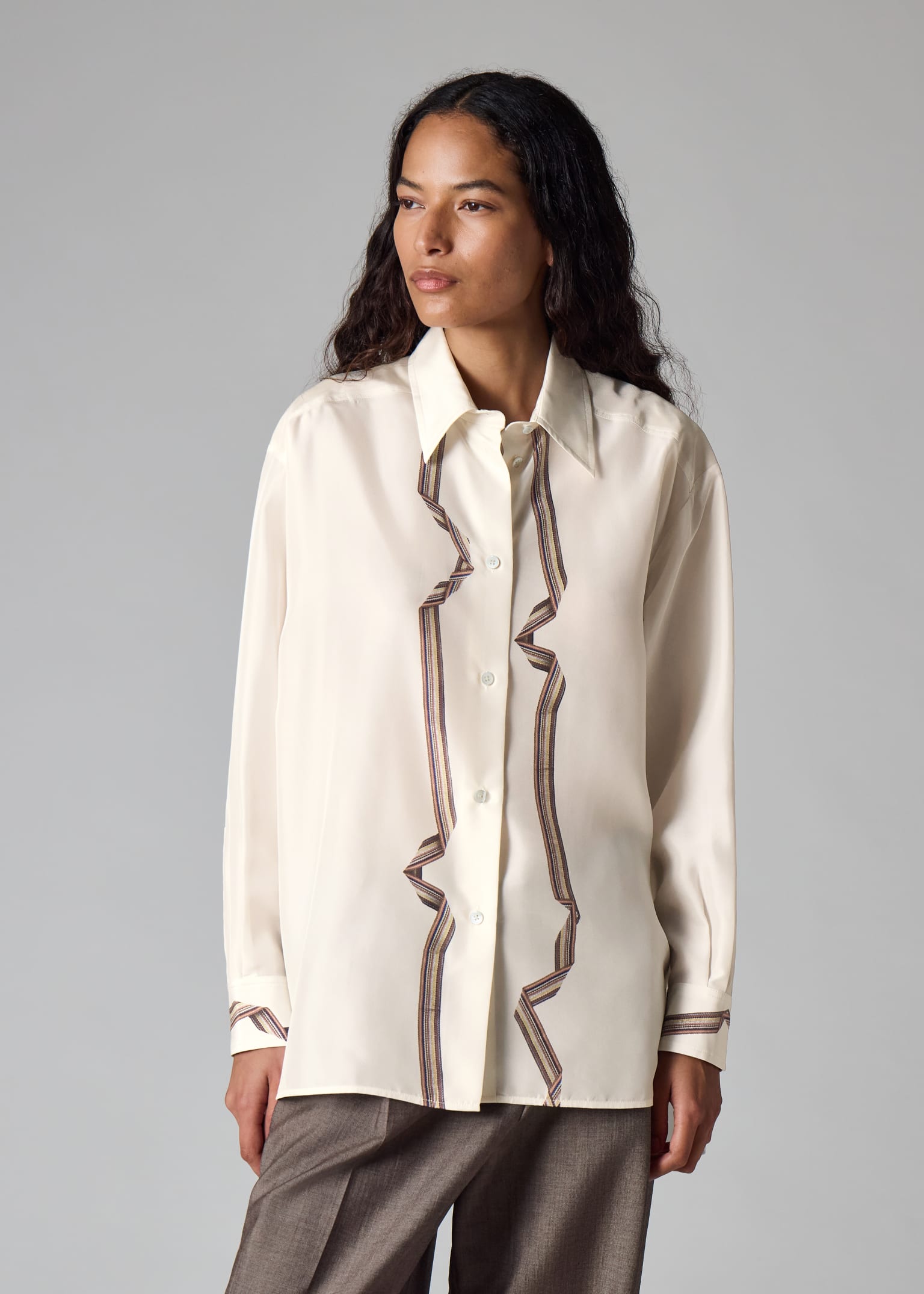 Paul Smith Women 麻　ロングブラウス Women's Ecru 'Signature Stripe' Ribbon Print Oversized Silk Shirt