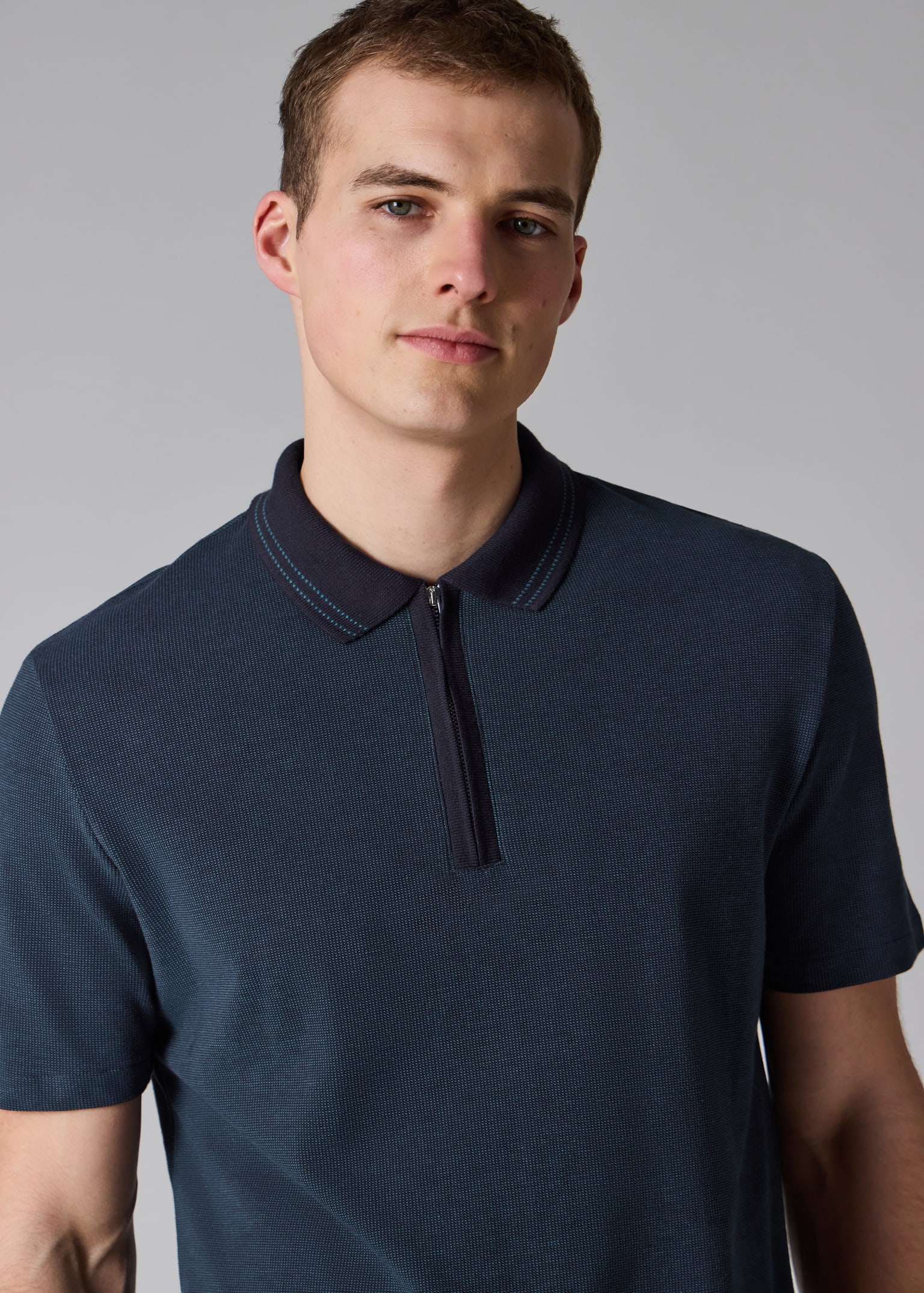 Men's Navy Cotton Jacquard Zip-Neck Polo Shirt