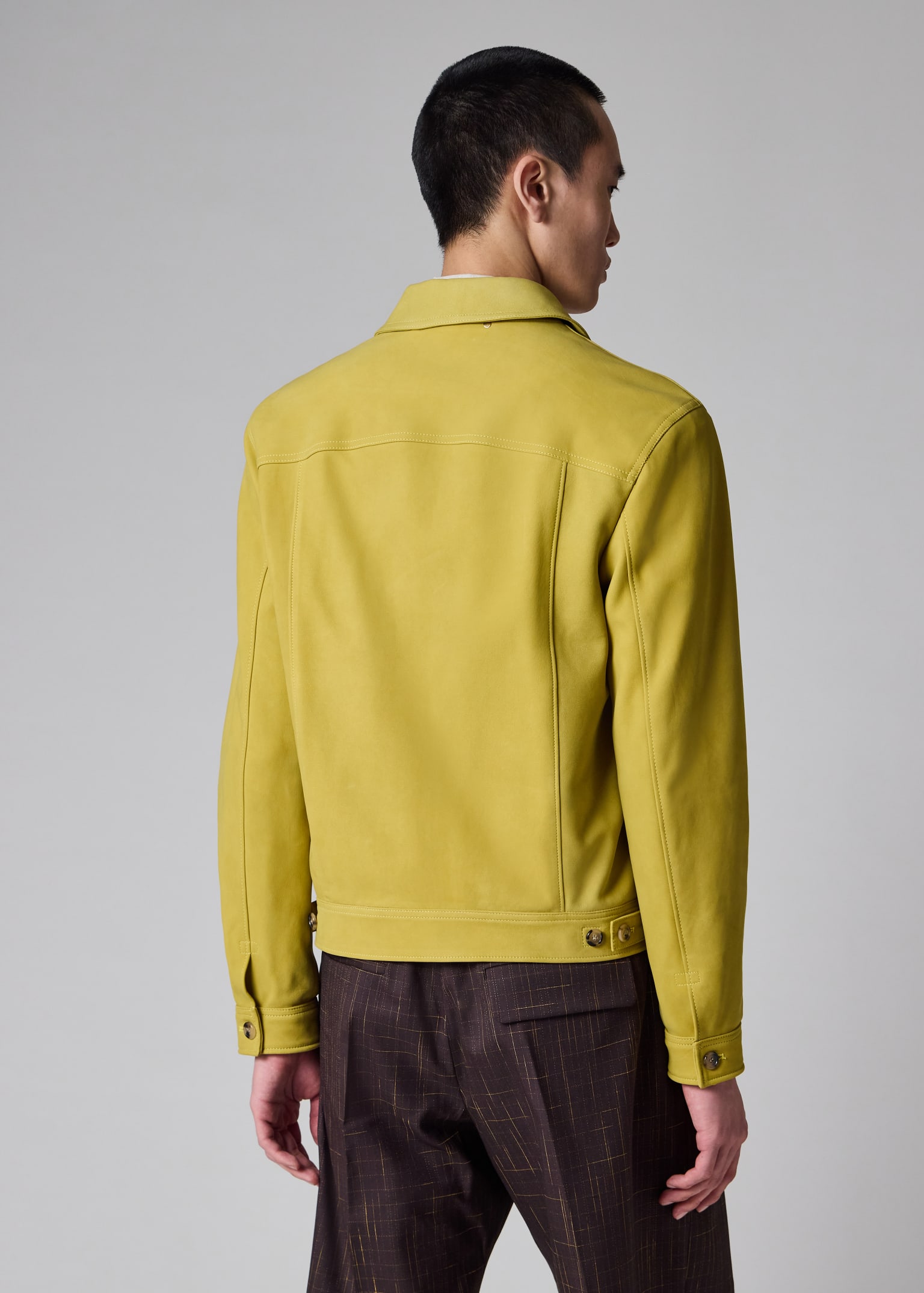 Men's Yellow Nubuck Leather Pleated Trucker Jacket