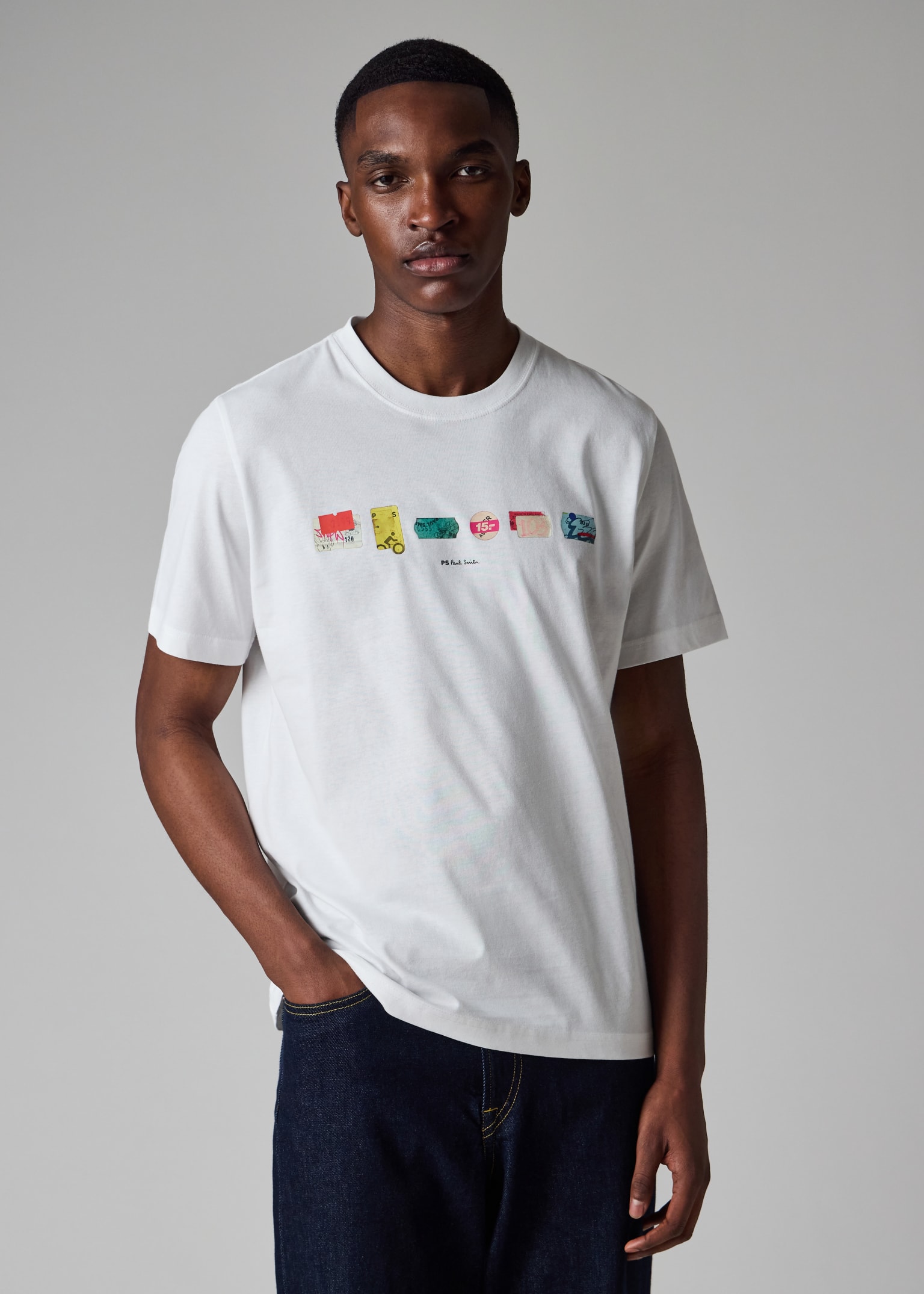 Men's White 'Stickers' Print T-Shirt