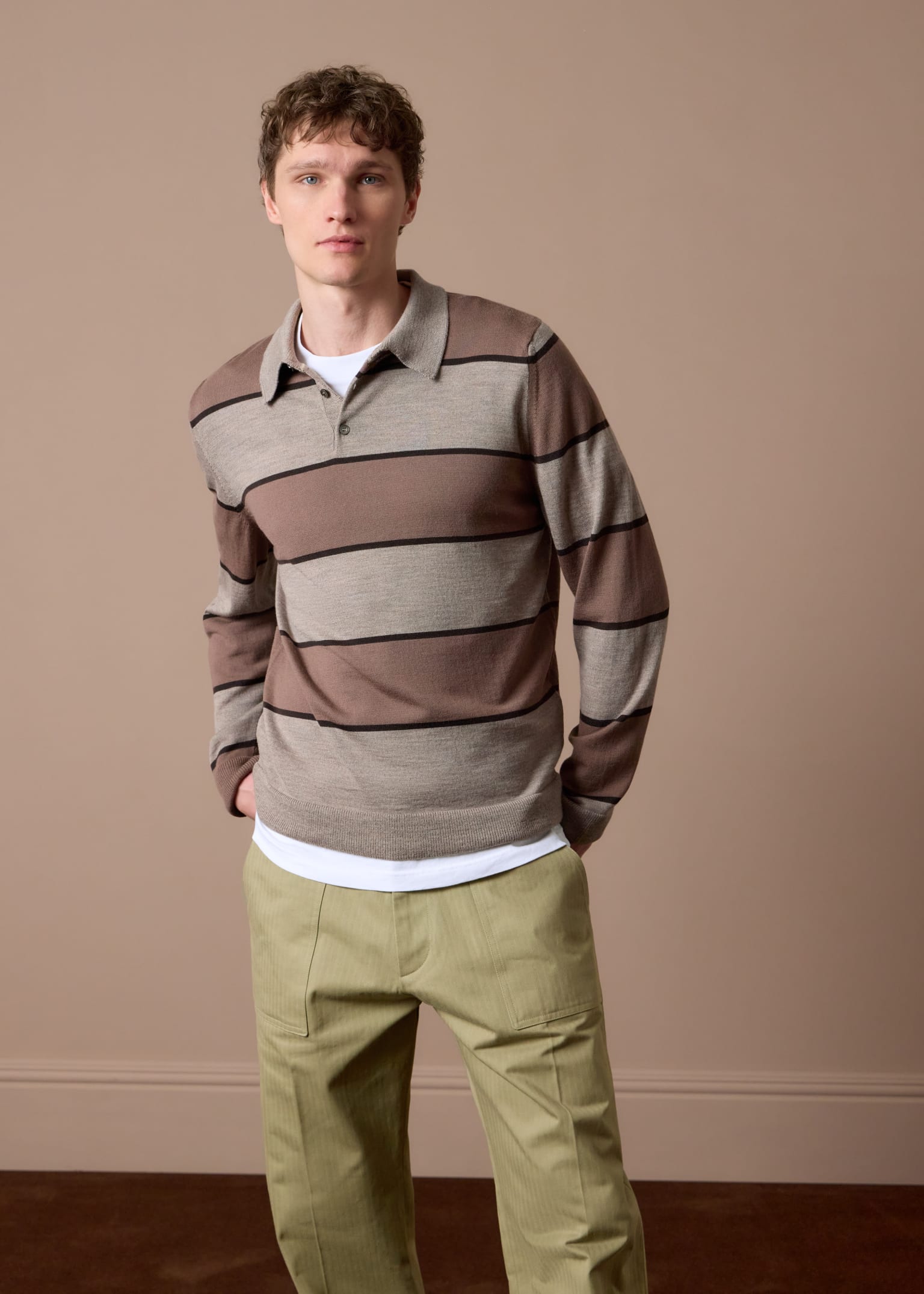 Brown Merino Wool Stripe Rugby