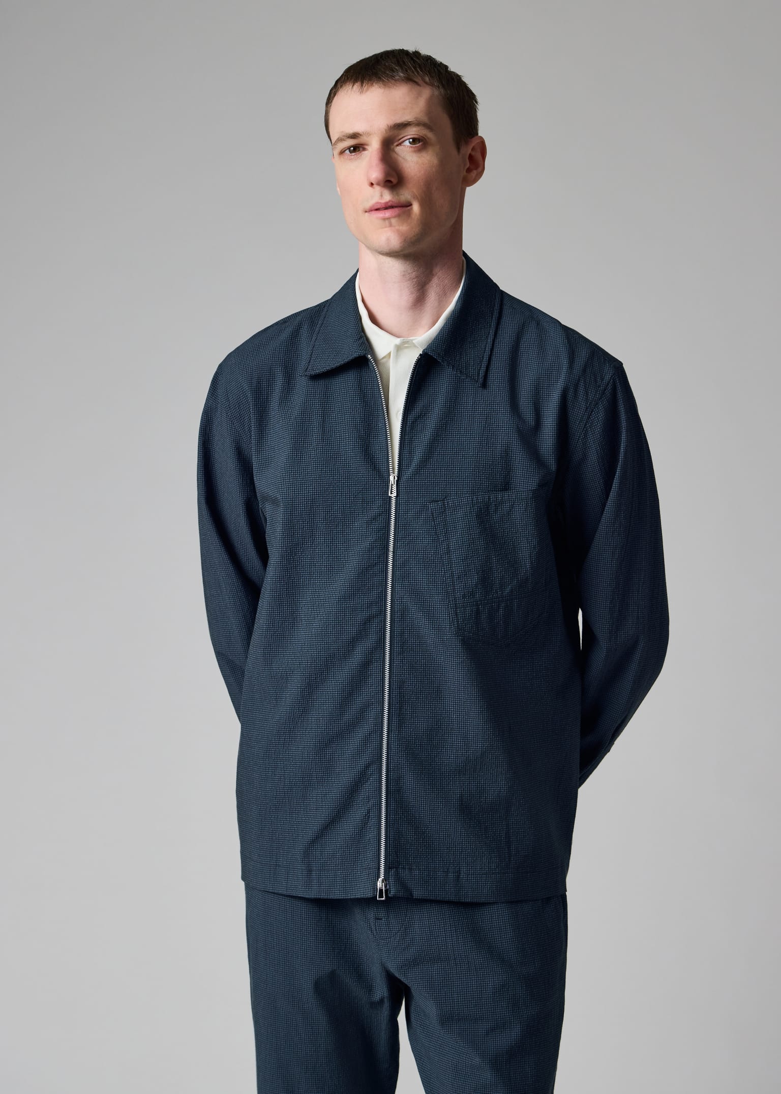 Men's Blue Seersucker Check Zip Shirt Jacket