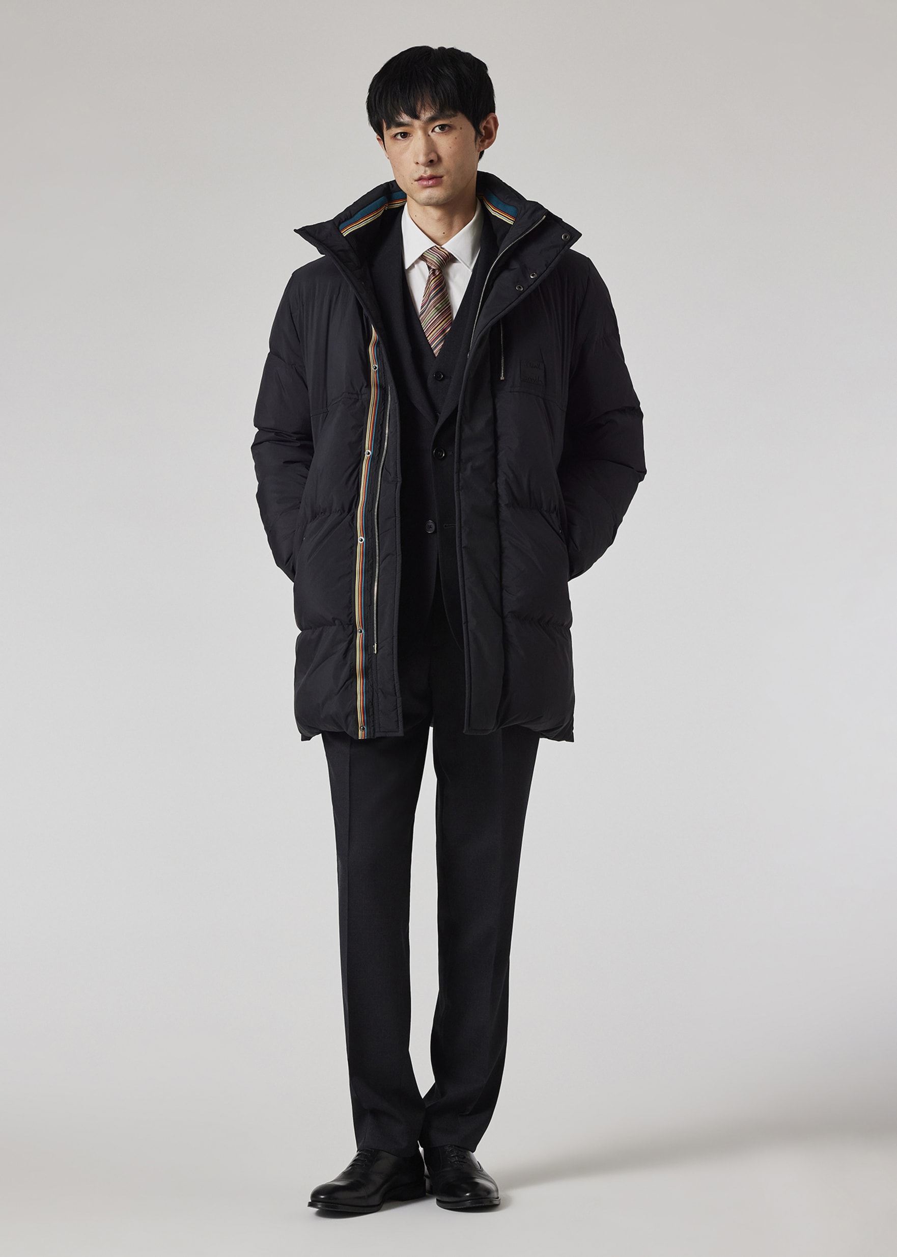 Model View - Black Water Repellent Mid-Length Down Coat Paul Smith