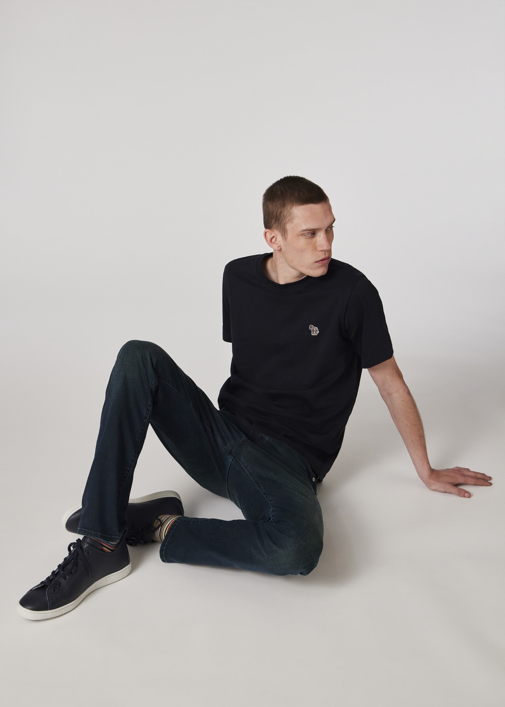 Model View - Slim-Standard Navy-Wash 'Crosshatch Stretch' Jeans Paul Smith
