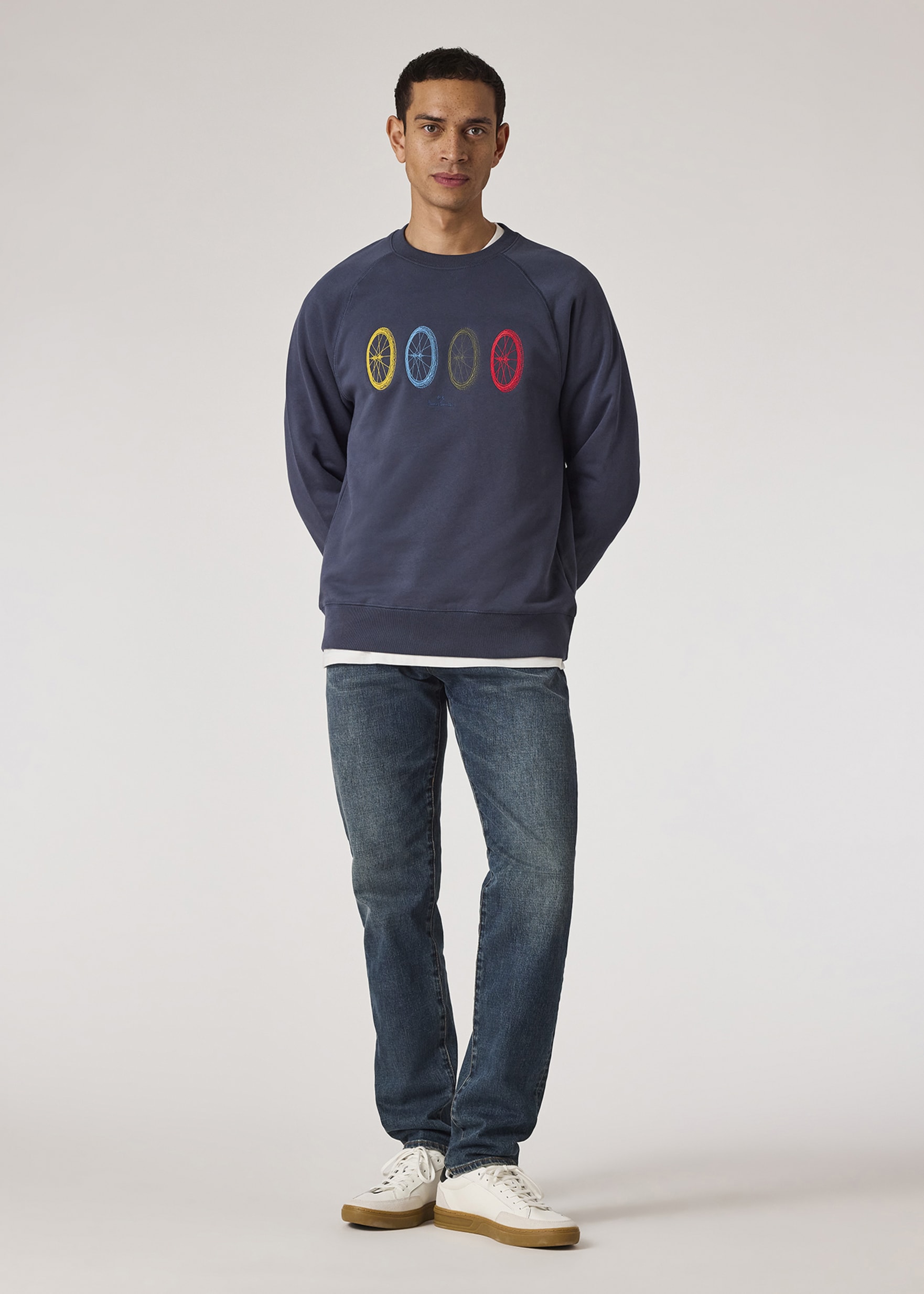 Model View - Steel Blue Embroidered Wheels Sweatshirt Paul Smith