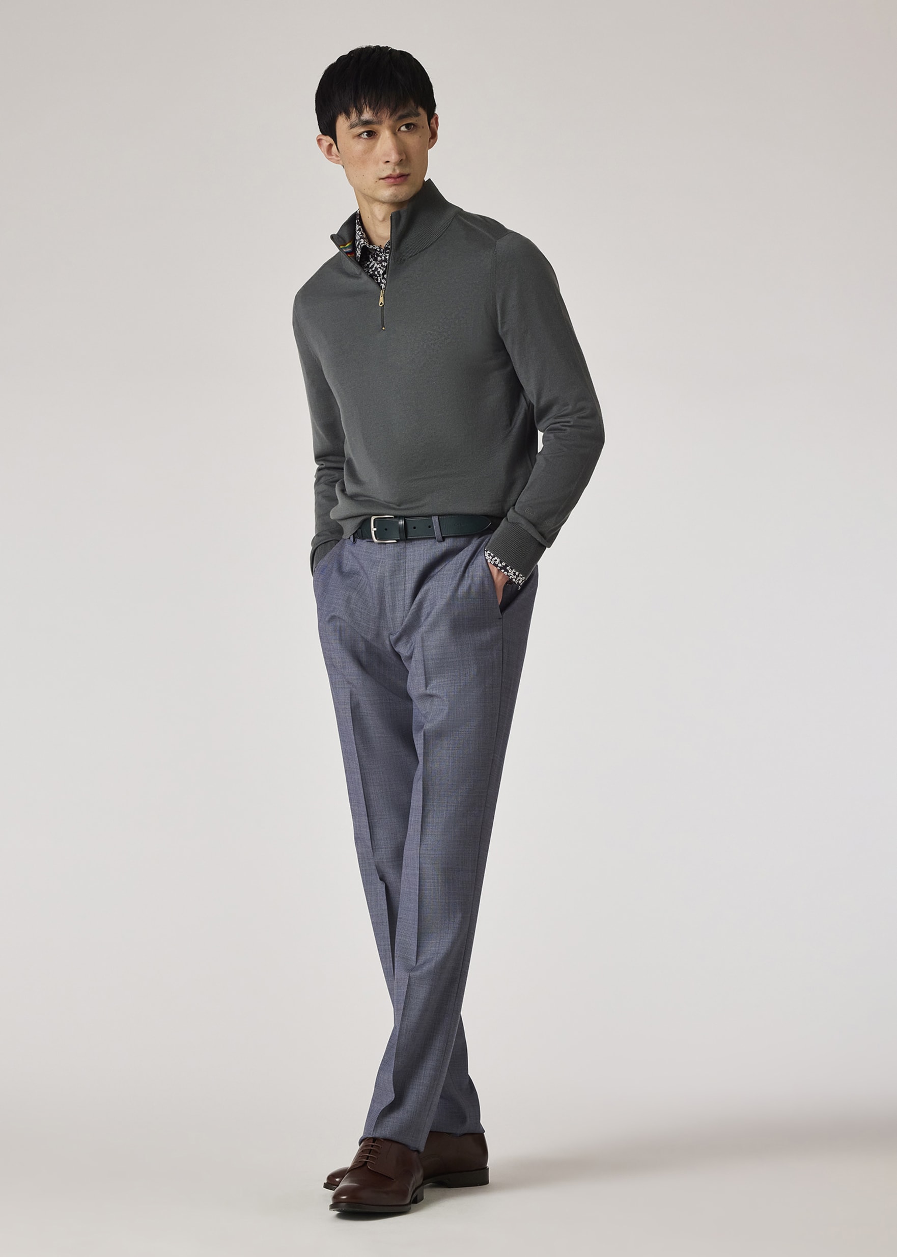 Model View - Slate Green Merino Wool Half-Zip Sweater Paul Smith