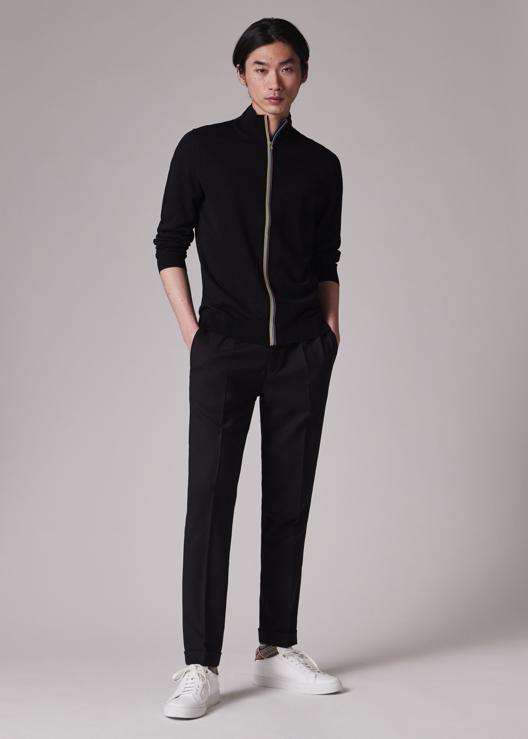 Men's Black Washable Merino Wool 'Signature Stripe' Zip Cardigan