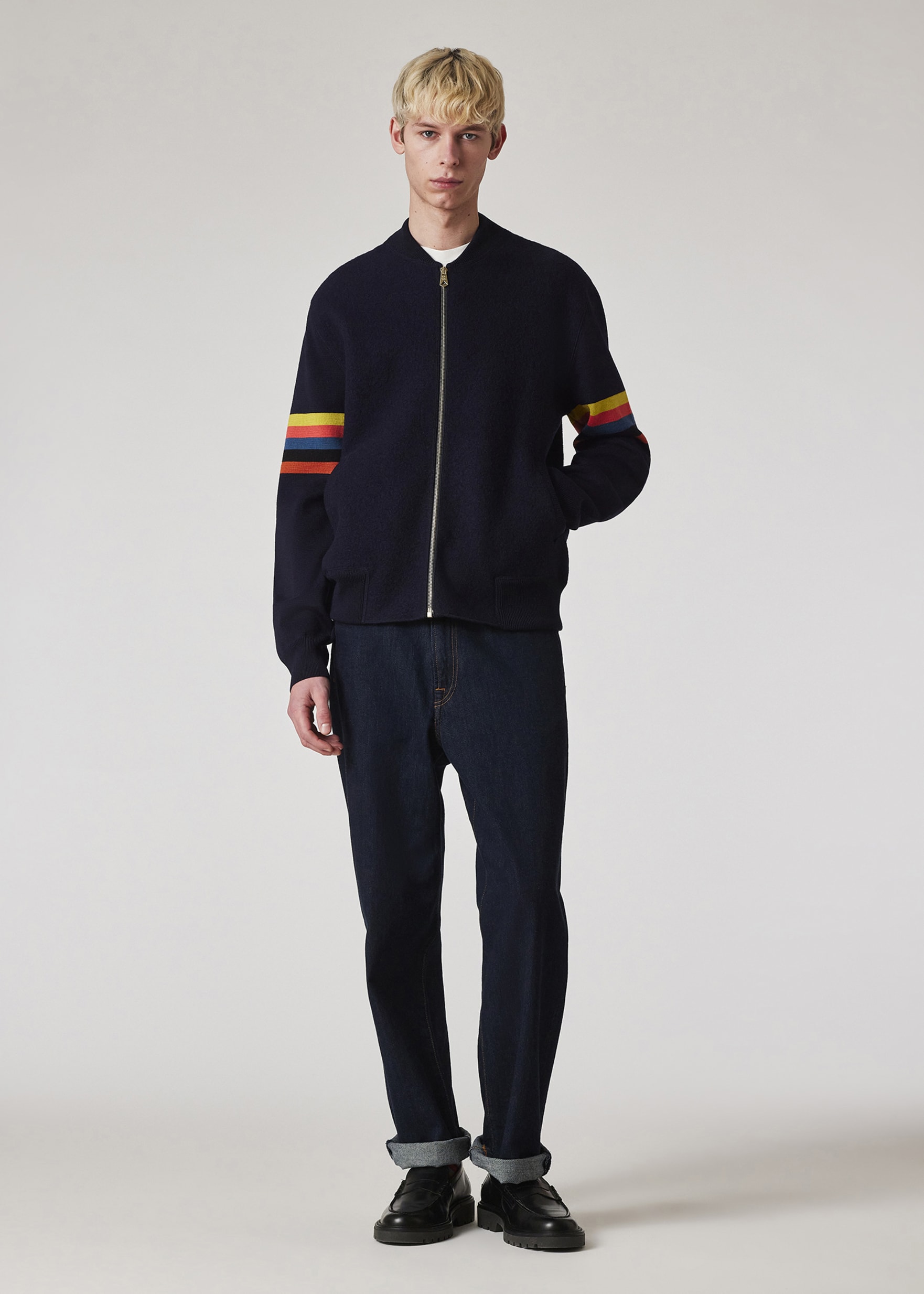 Men's Navy Wool 'Artist Stripe' Zip Bomber Jacket
