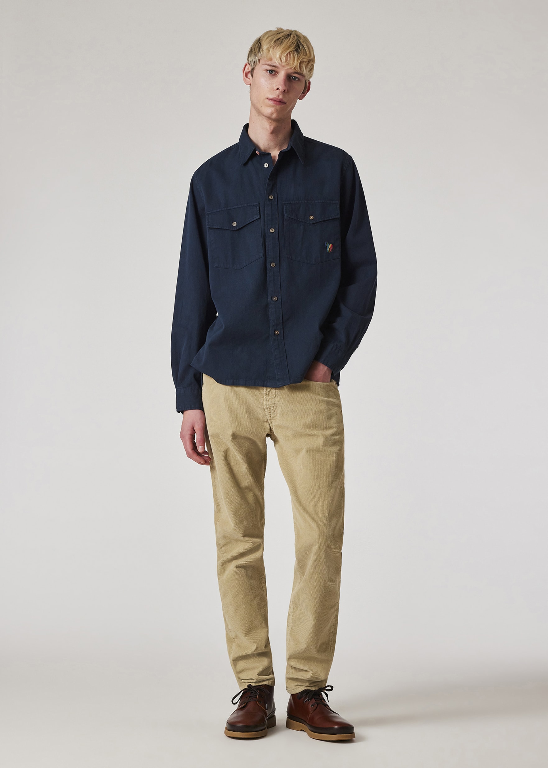 Men's Navy 'Broad Stripe Zebra' Cotton-Twill Pocket Shirt