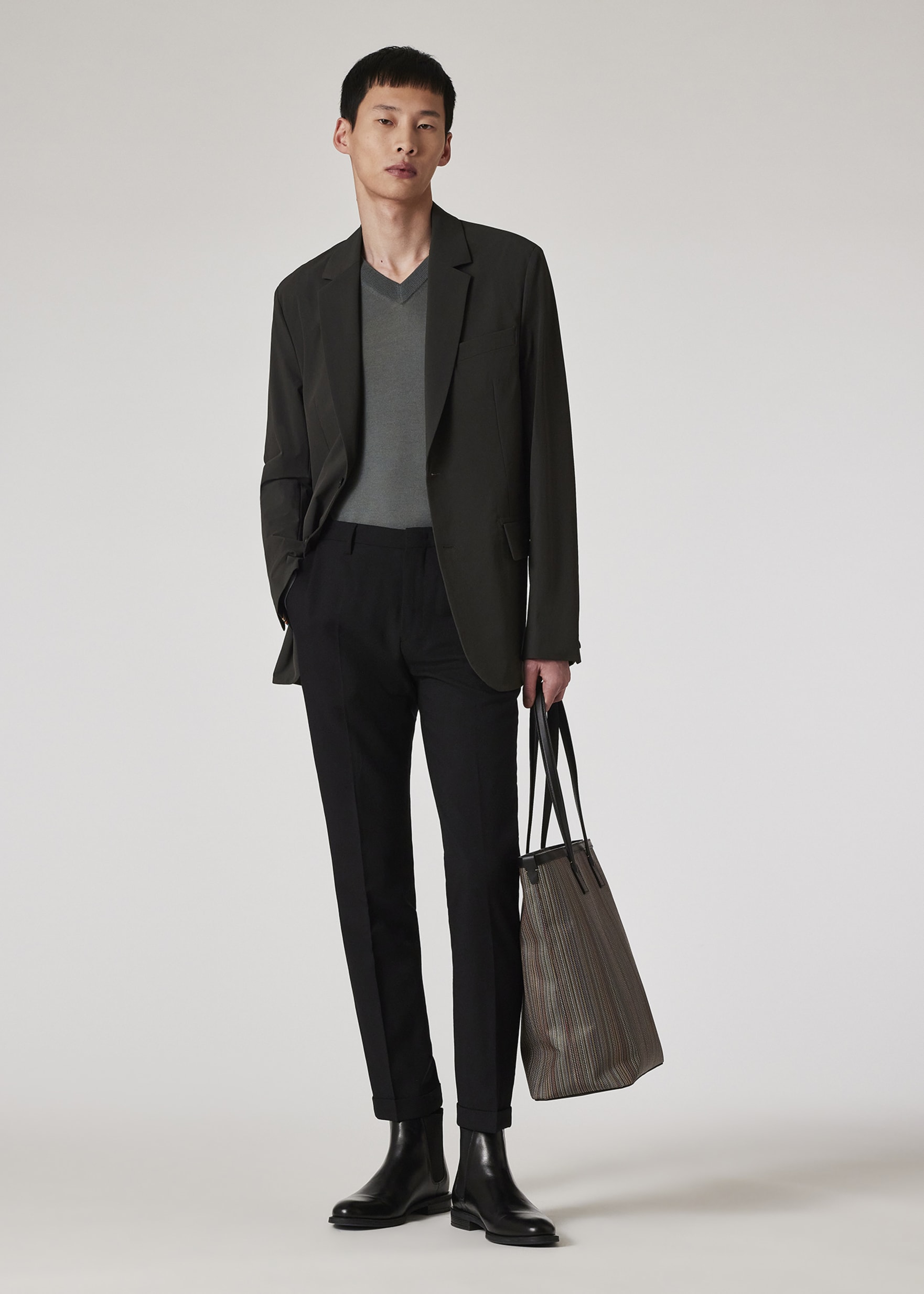 Model View - Slate Green Merino Wool V-Neck Sweater Paul Smith