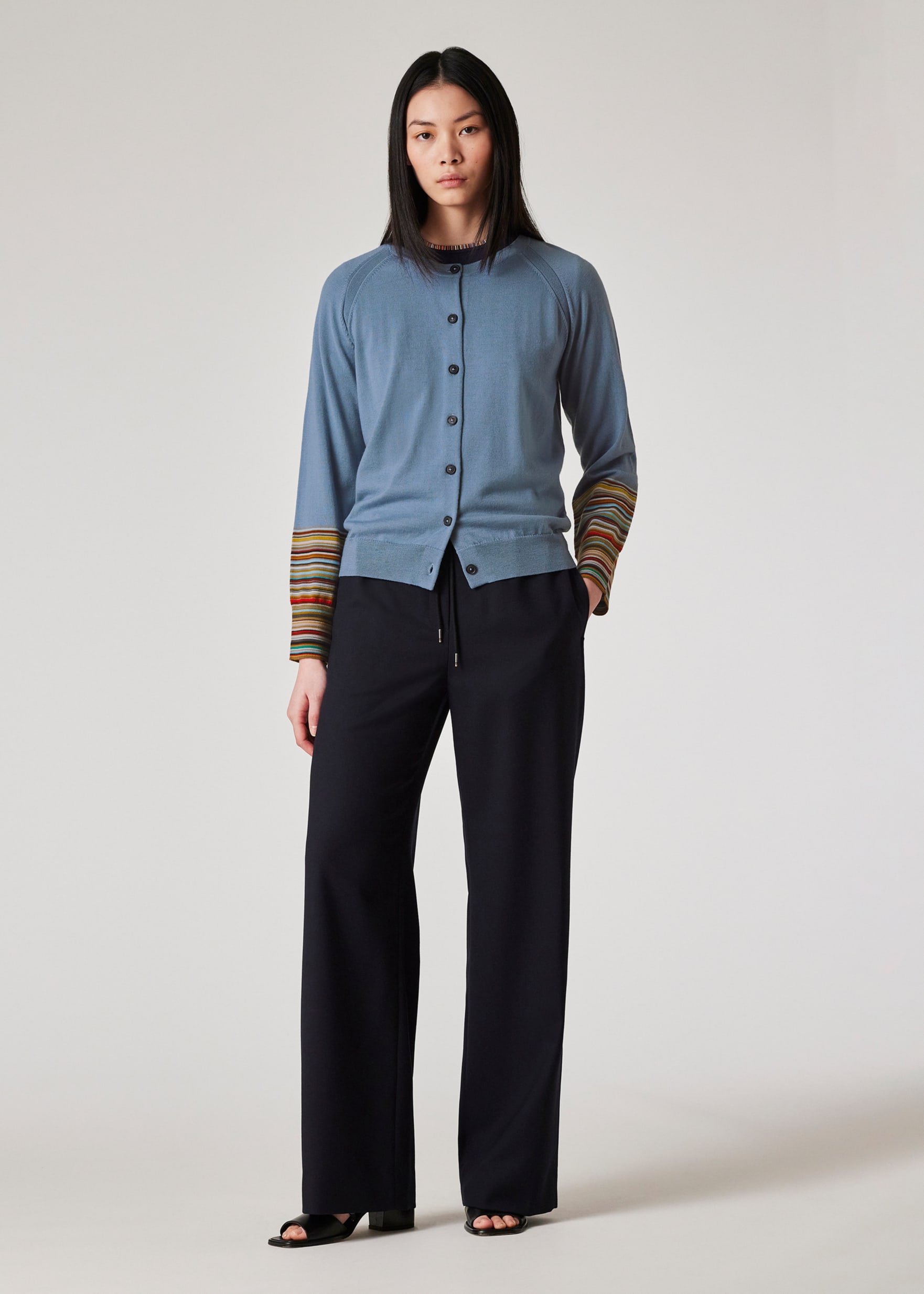 Model View - Women's Light Blue 'Signature Stripe' Cuff Cardigan Paul Smith