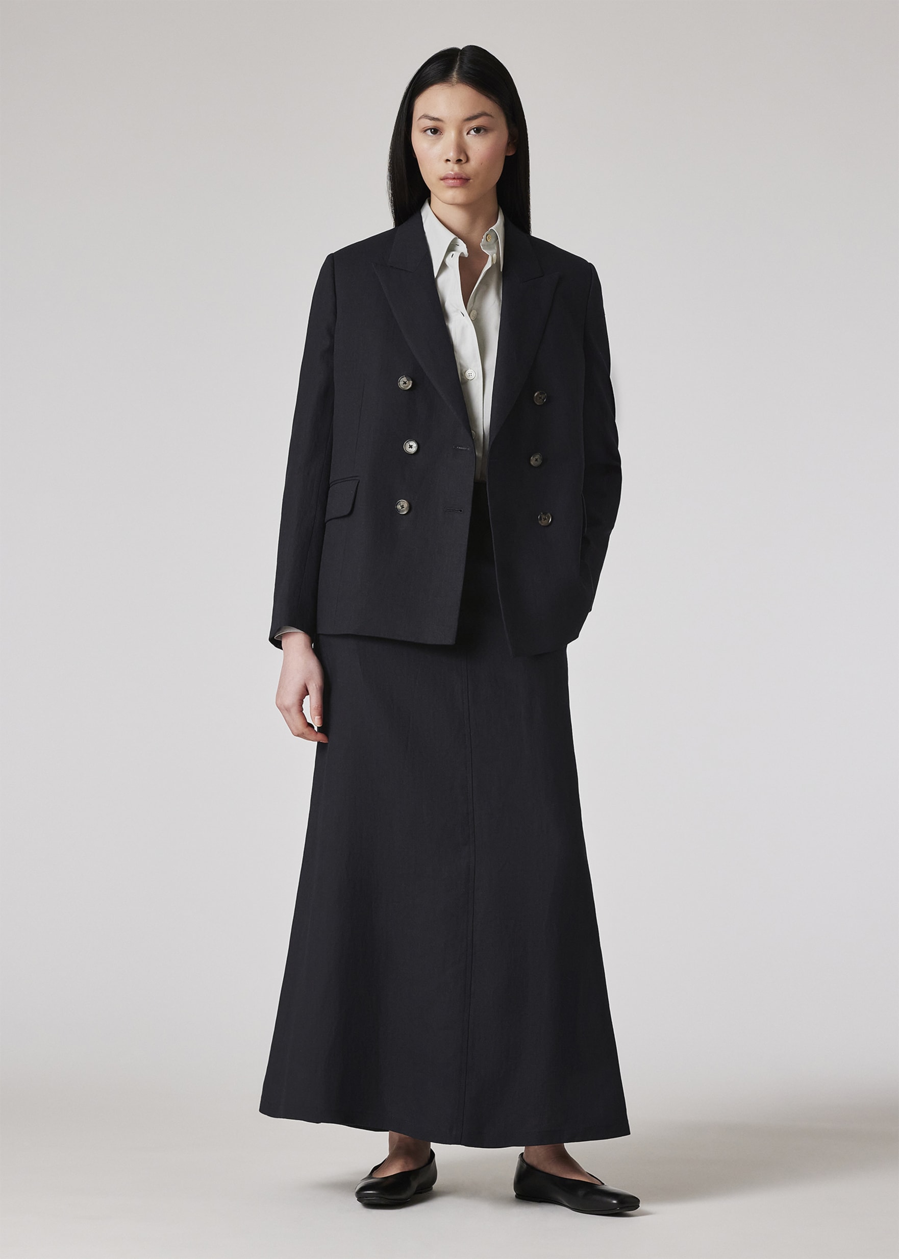 Model View - Women's Dark Navy Double Breasted Linen Blazer Paul Smith