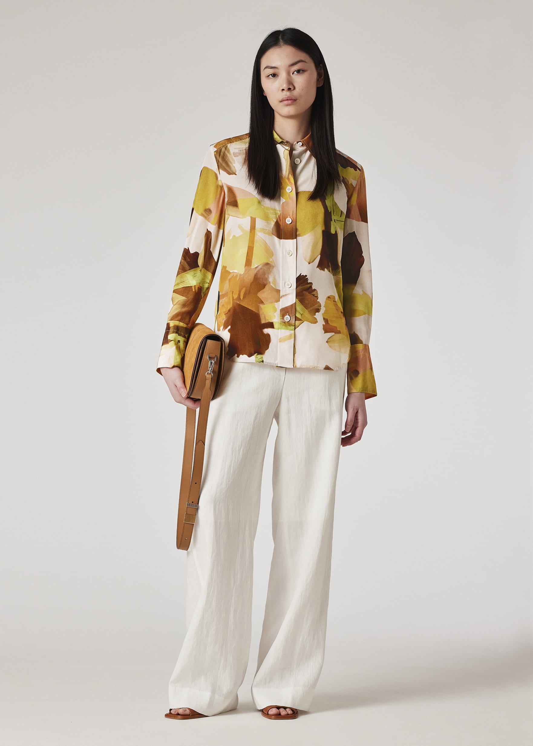 Model View - Women's Orange 'Floral Paint' Silk Shirt Paul Smith