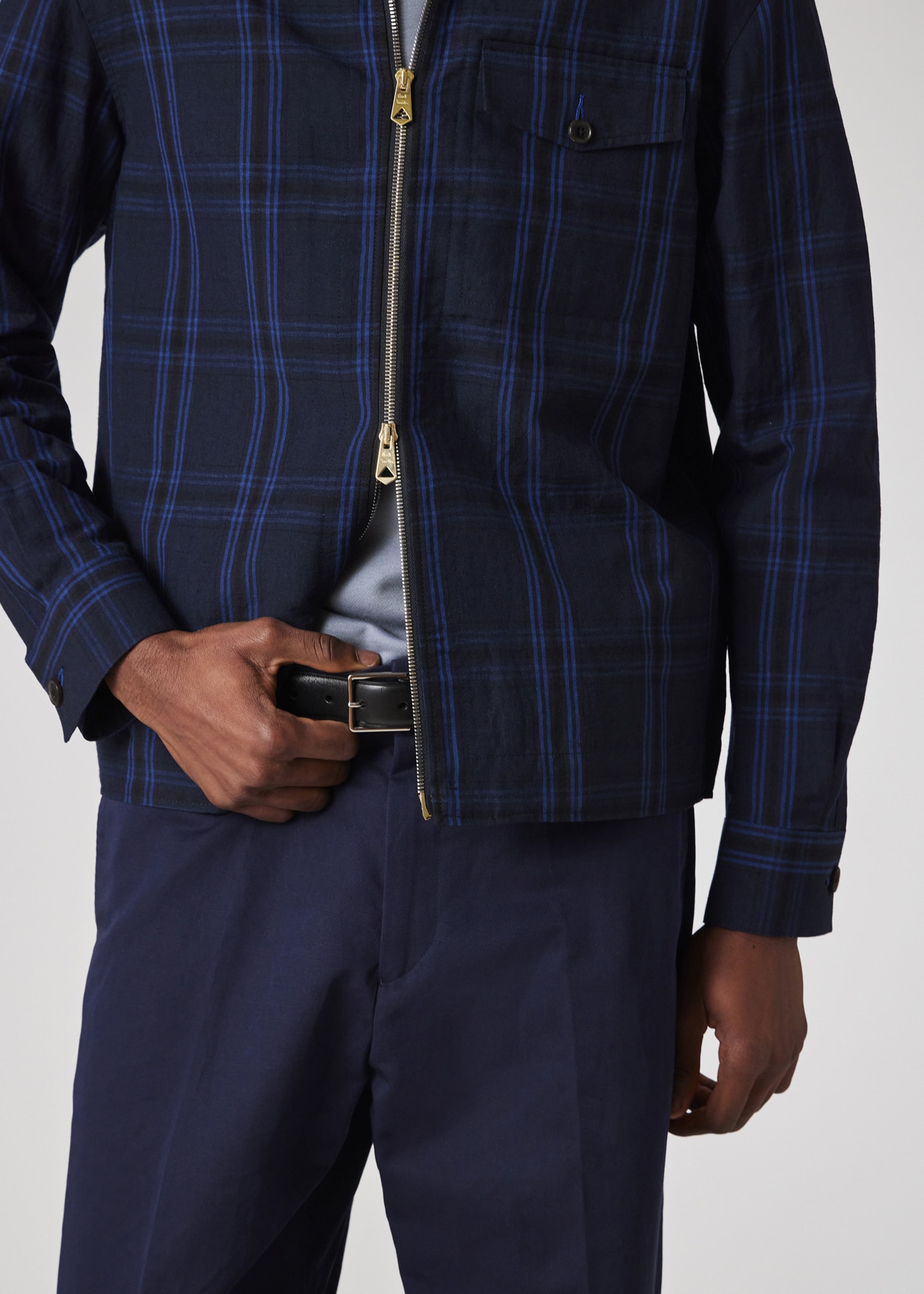 Men's Navy Check Wool-Linen Zip Jacket