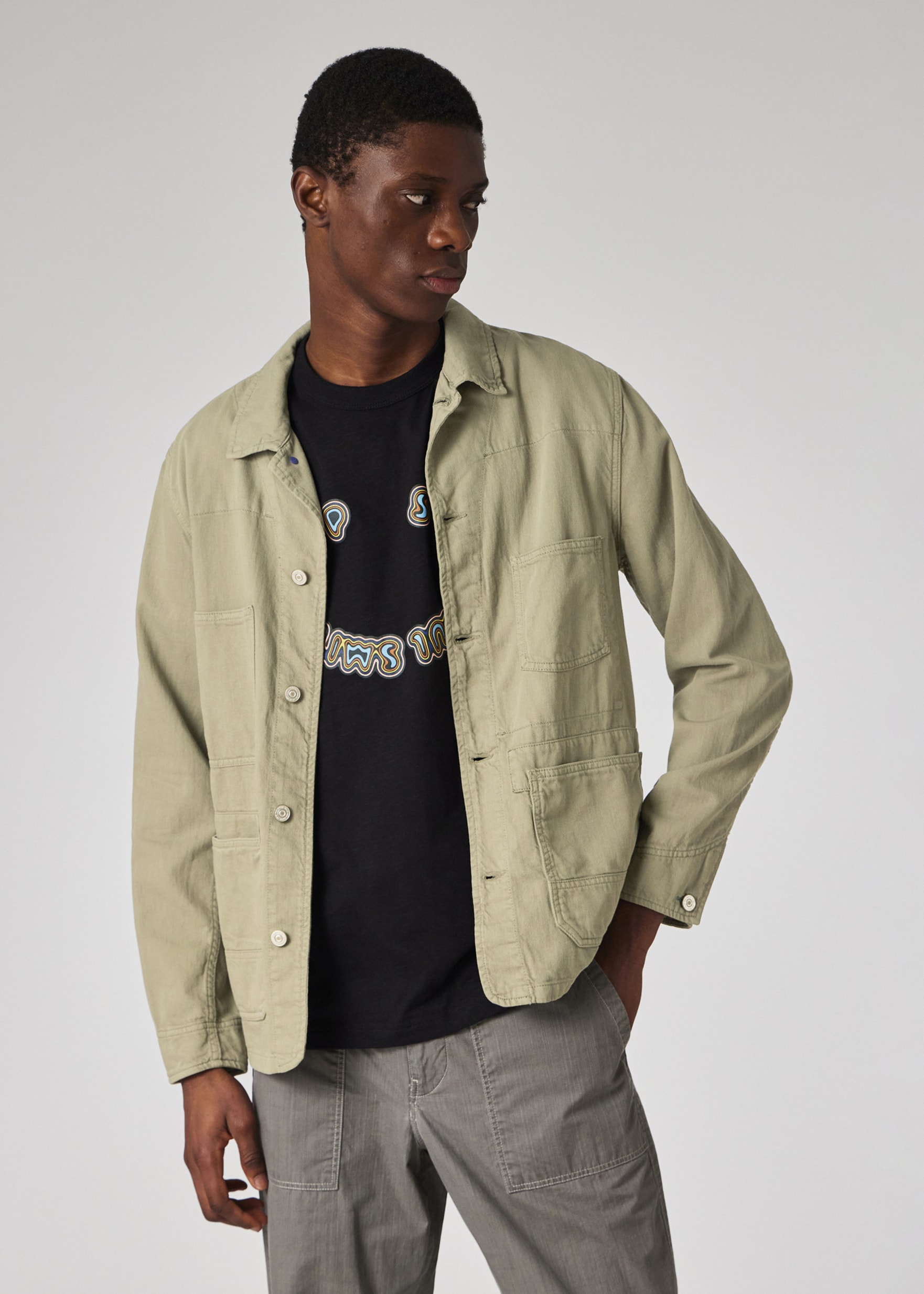 Men's Sage Green Cotton-Linen 'Broad Stripe Zebra' Work Jacket