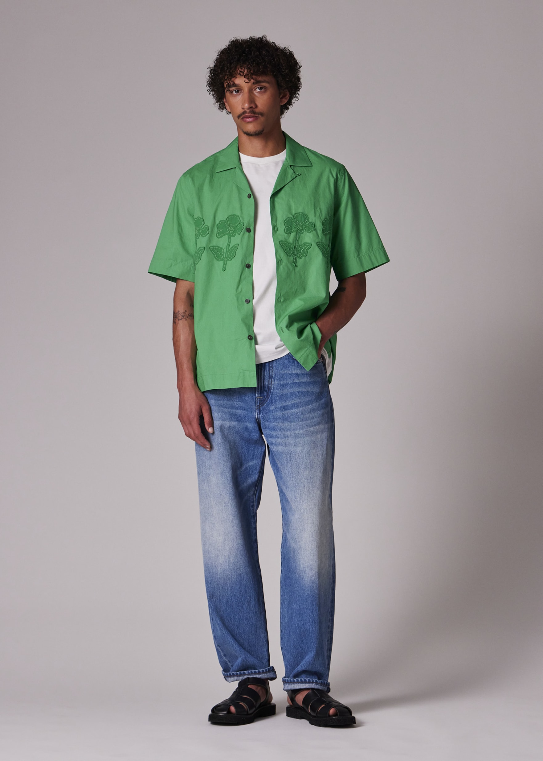 Men's Green Cotton Applique Short-Sleeve Shirt