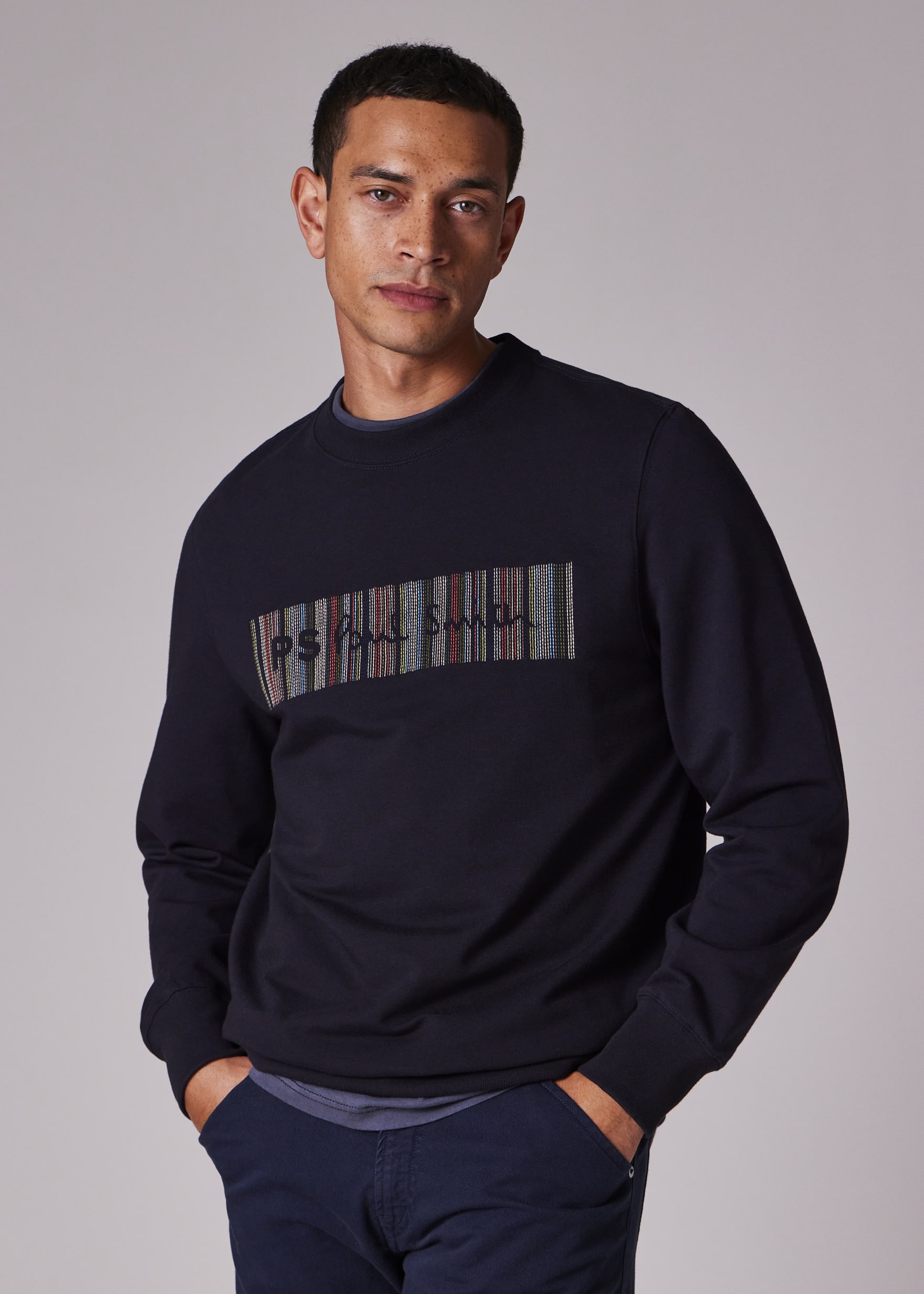 【関税&送料込】Paul Smith Stripes Logo Collar T-Shirt Men's Navy Embroidery Logo Cotton-Blend Sweatshirt
