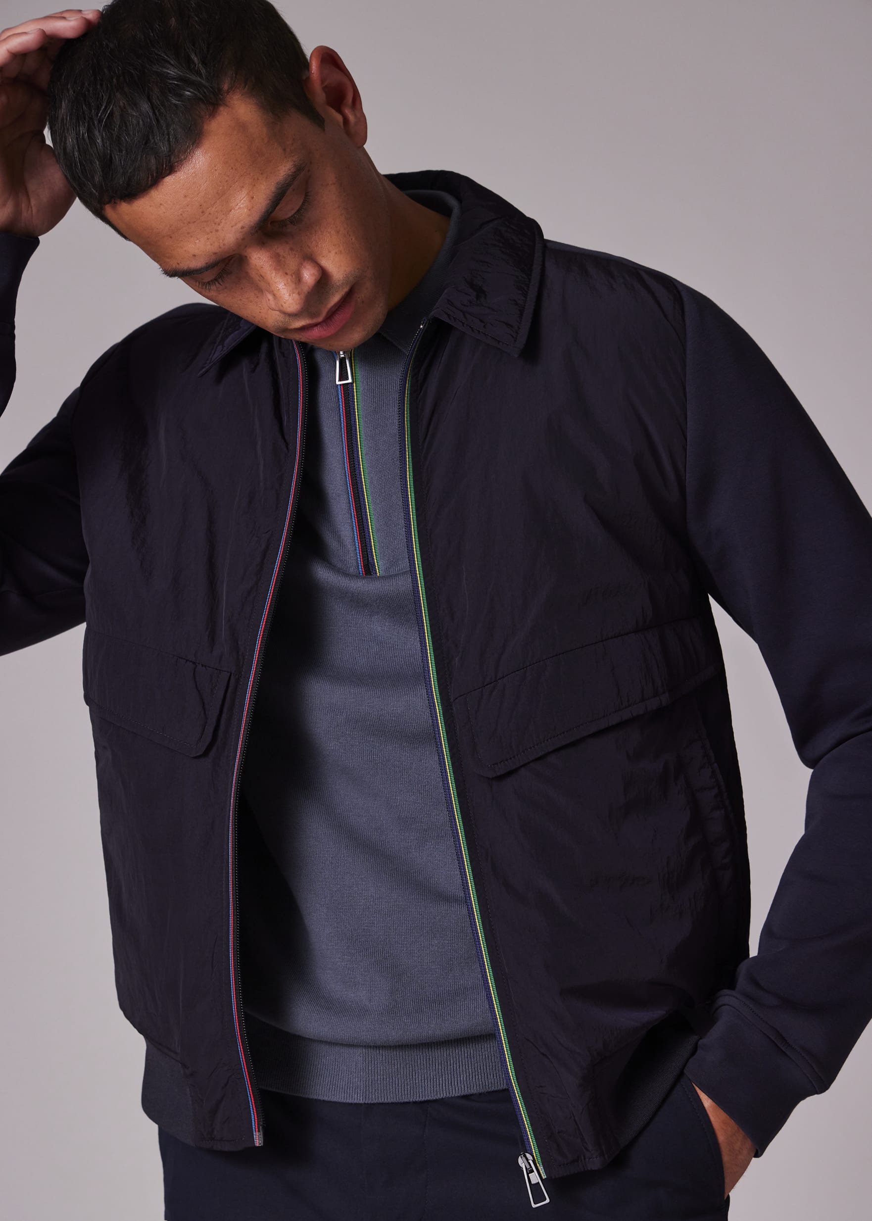 Men's Navy Recycled-Nylon Mixed Media Short Jacket
