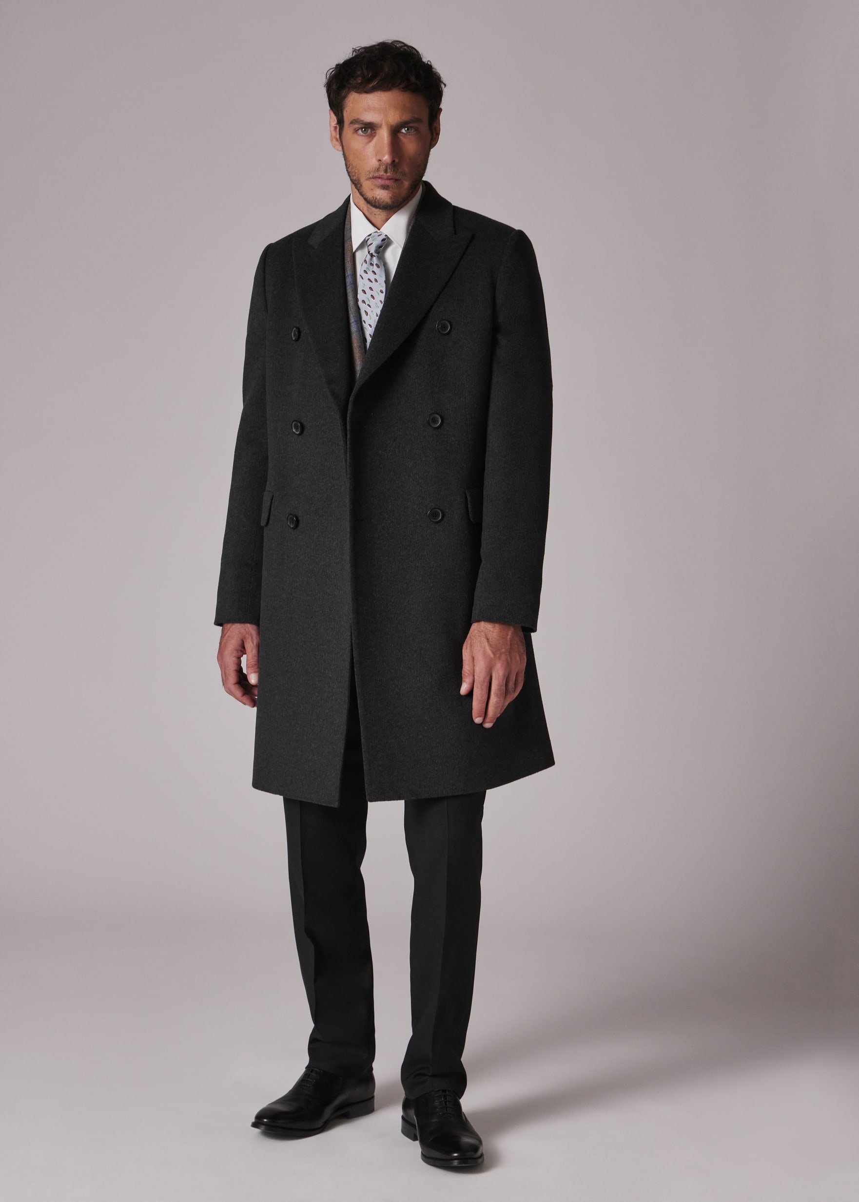 Charcoal Wool-Cashmere Blend Double Breasted Overcoat