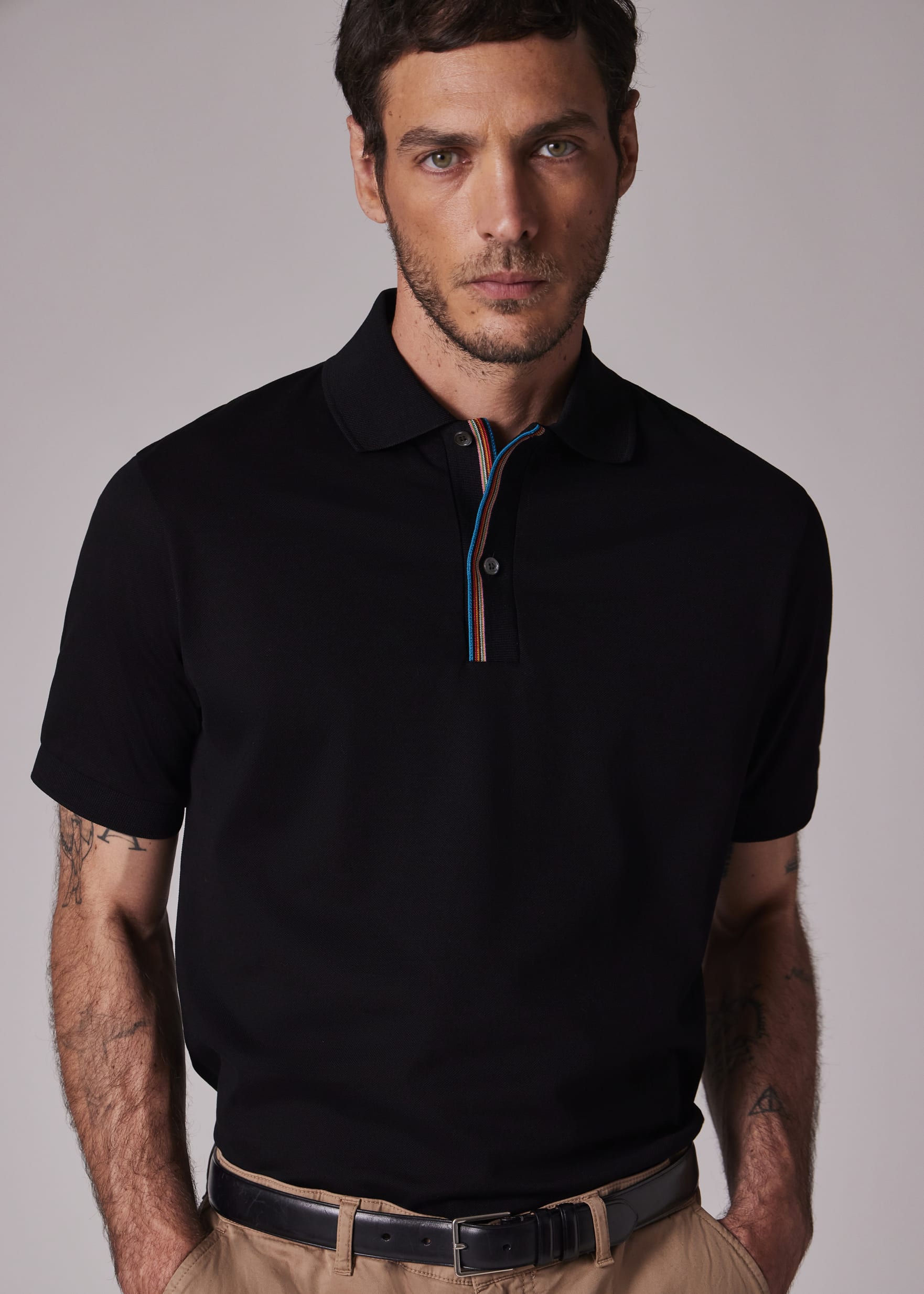 Tシャツ・カットソー Paul Smith Paul Smith Mens Signature Stripe Polo Shirt Men's Black 'Signature Stripe' Logo Cotton Polo Shirt