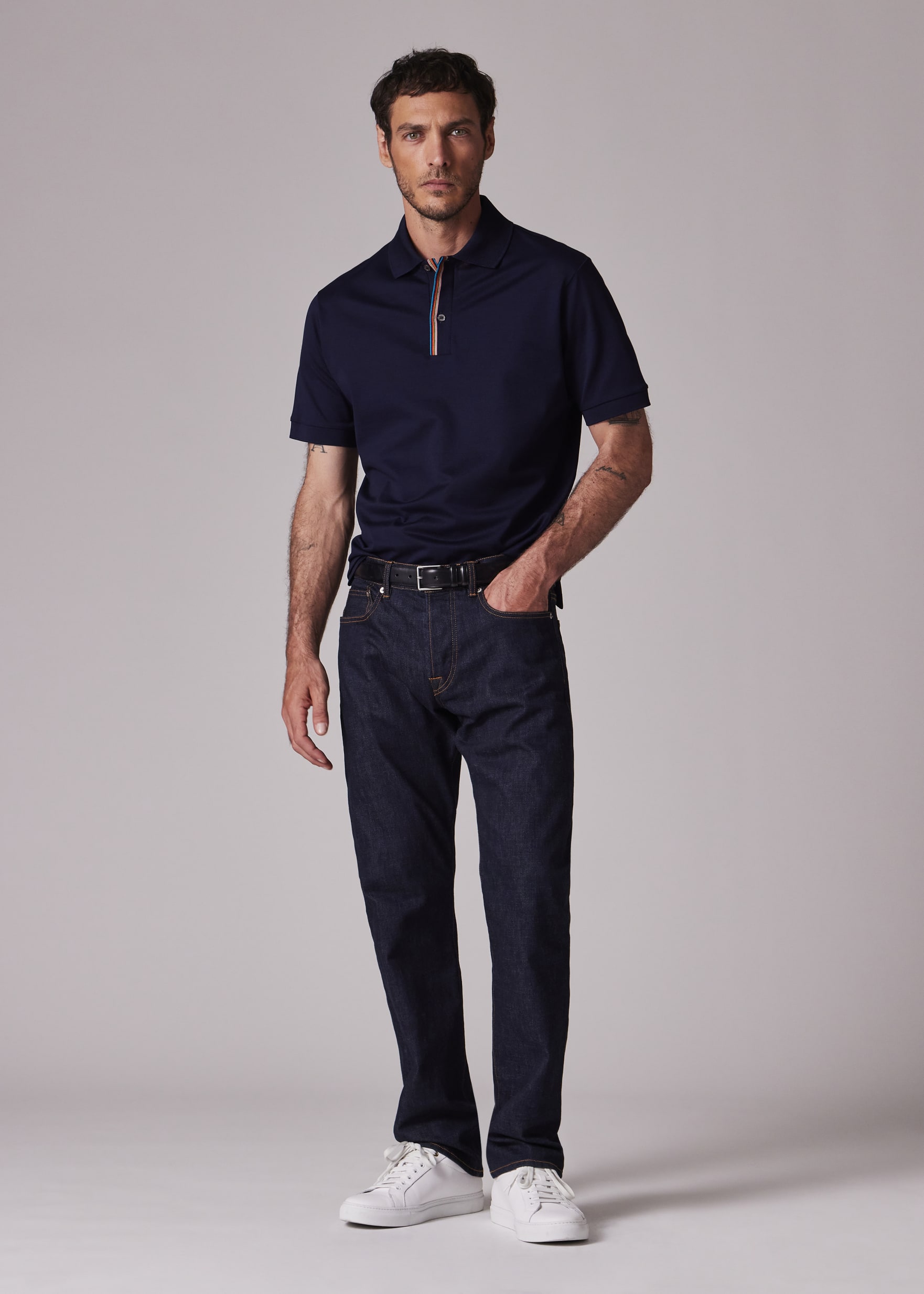PAUL SMITH ポールスミス M2S RAP19 ANYL DARK NAVY Men's Dark Navy 'Signature Stripe' Trim Polo Shirt