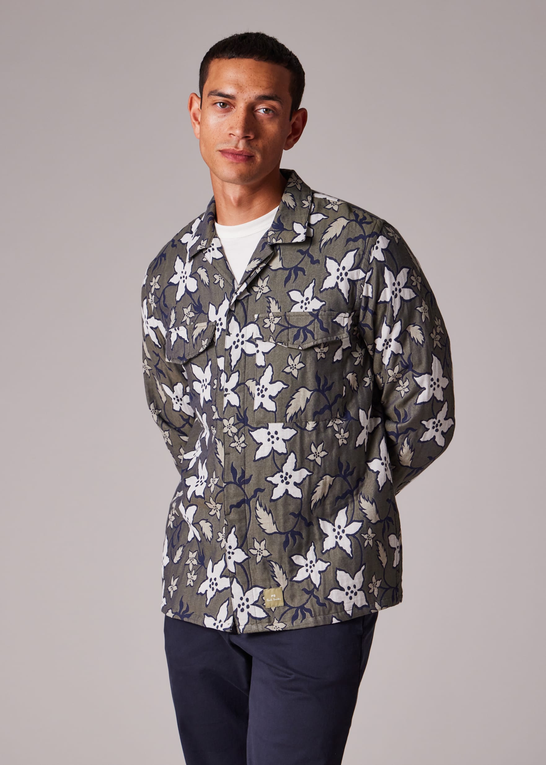Men's Khaki Floral Double-Face Cotton Shirt