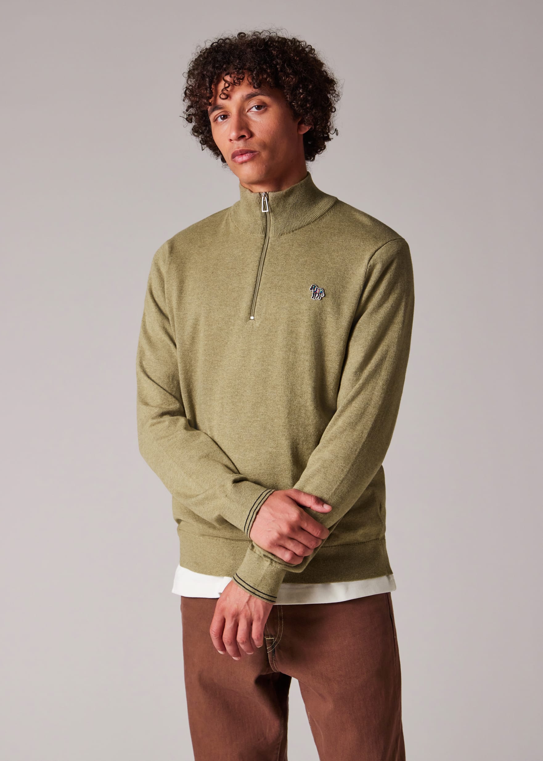 Camel Cotton-Blend Zebra Logo Half Zip Sweater