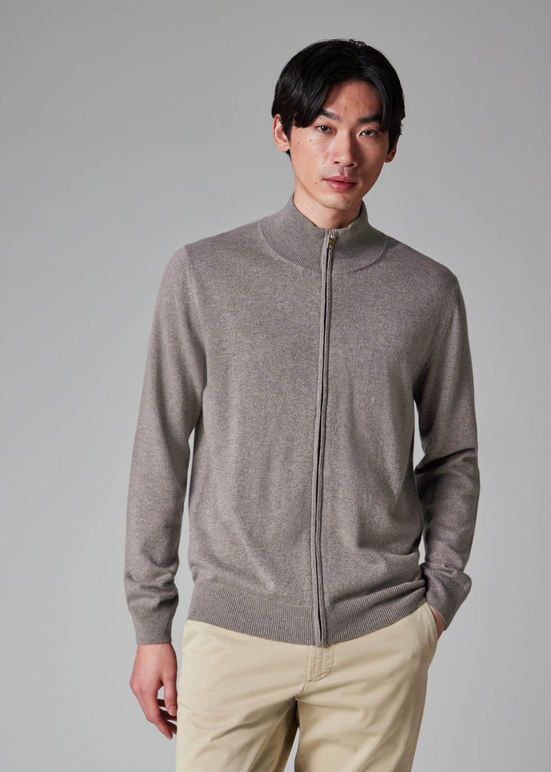 Men's Oatmeal Cashmere Full-Zip Cardigan