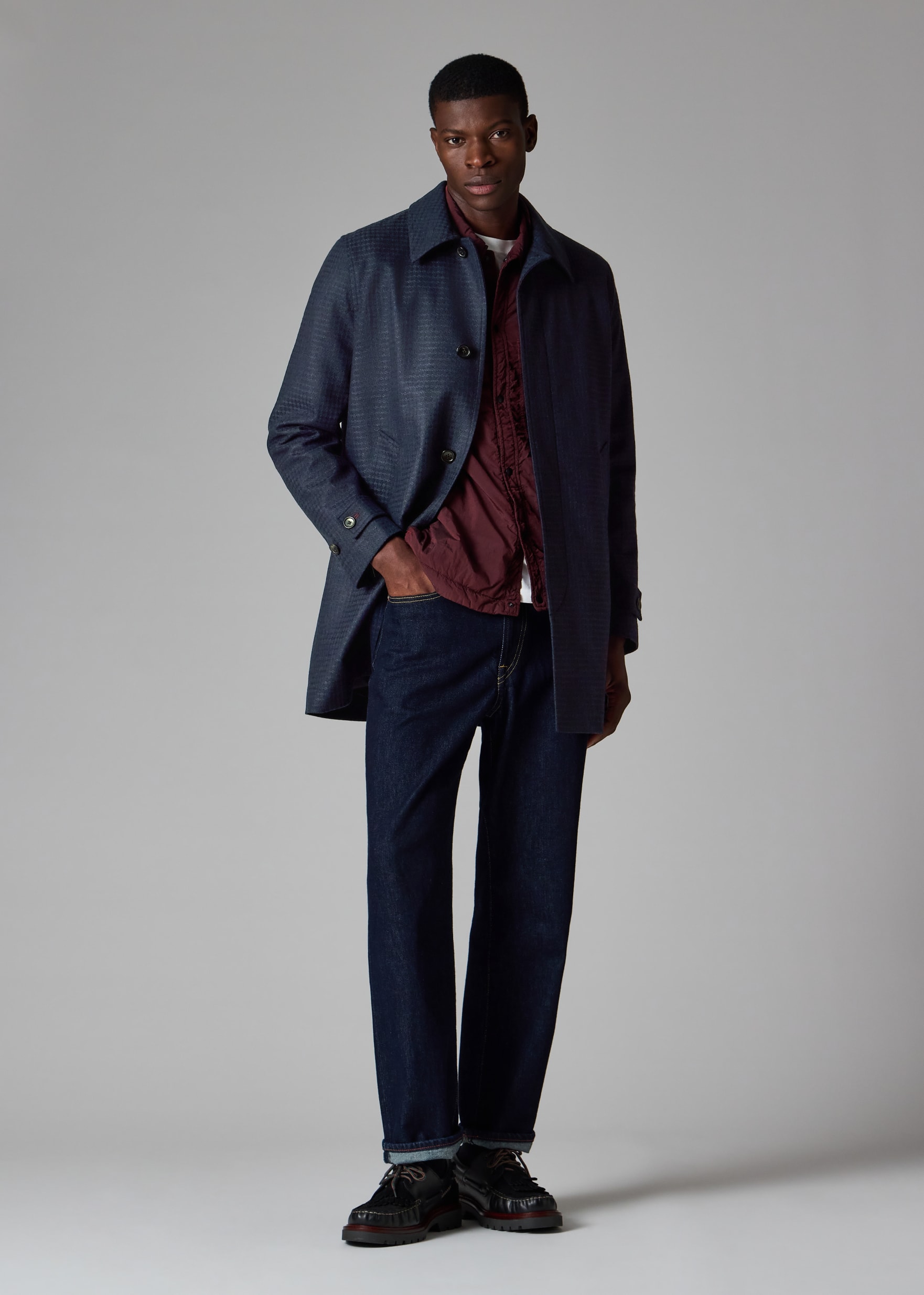 Dark Navy Wool-Blend Check Coat