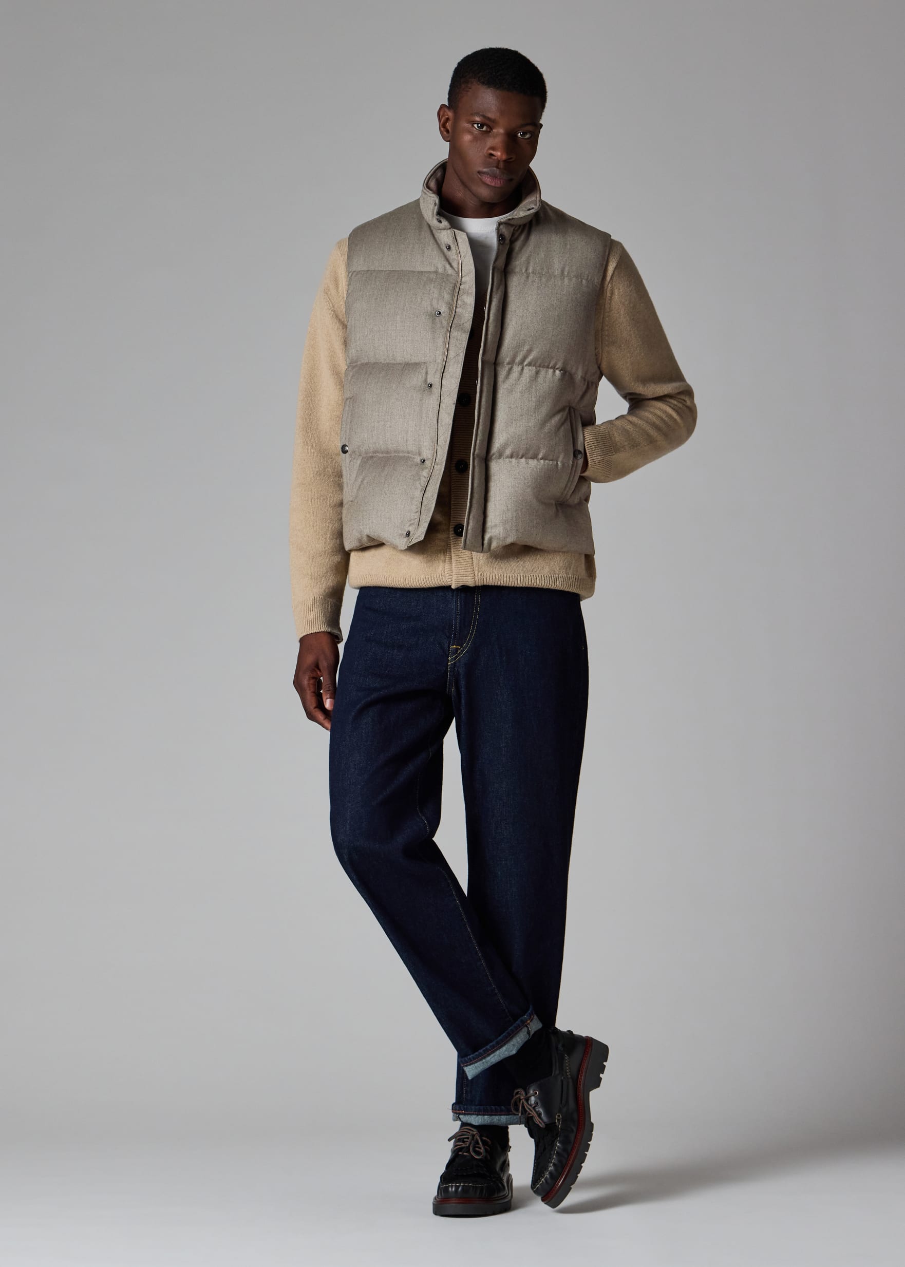 Men's Grey Overdyed Wool-Cashmere Flannel Down Gilet