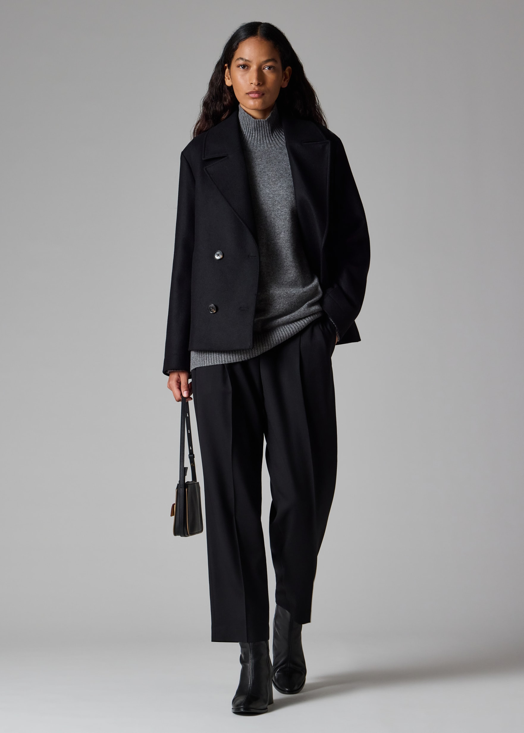 Women's Black Wool-Cashmere Blend Short Pea Coat