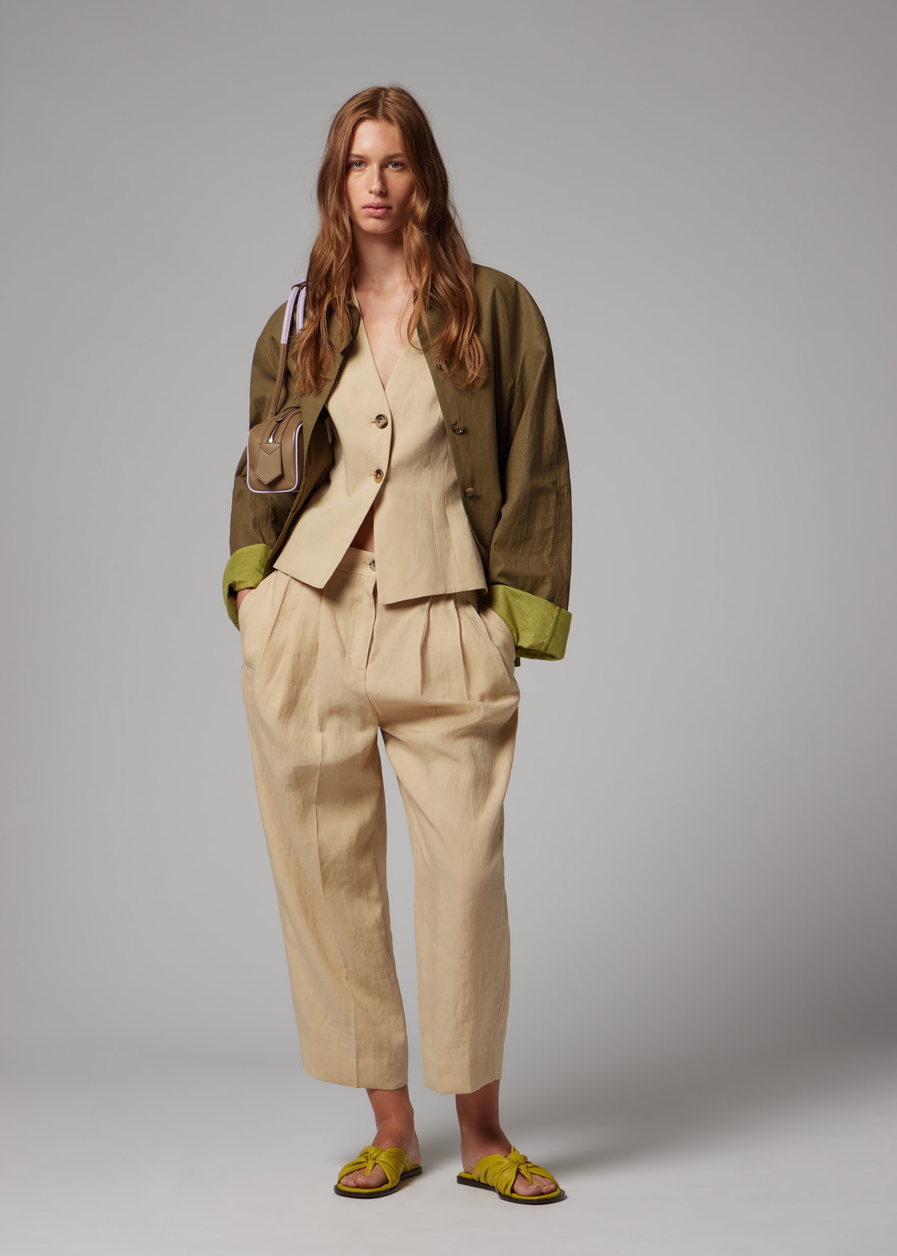 Women's Olive Green Linen Jacket with Contrast Cuffs