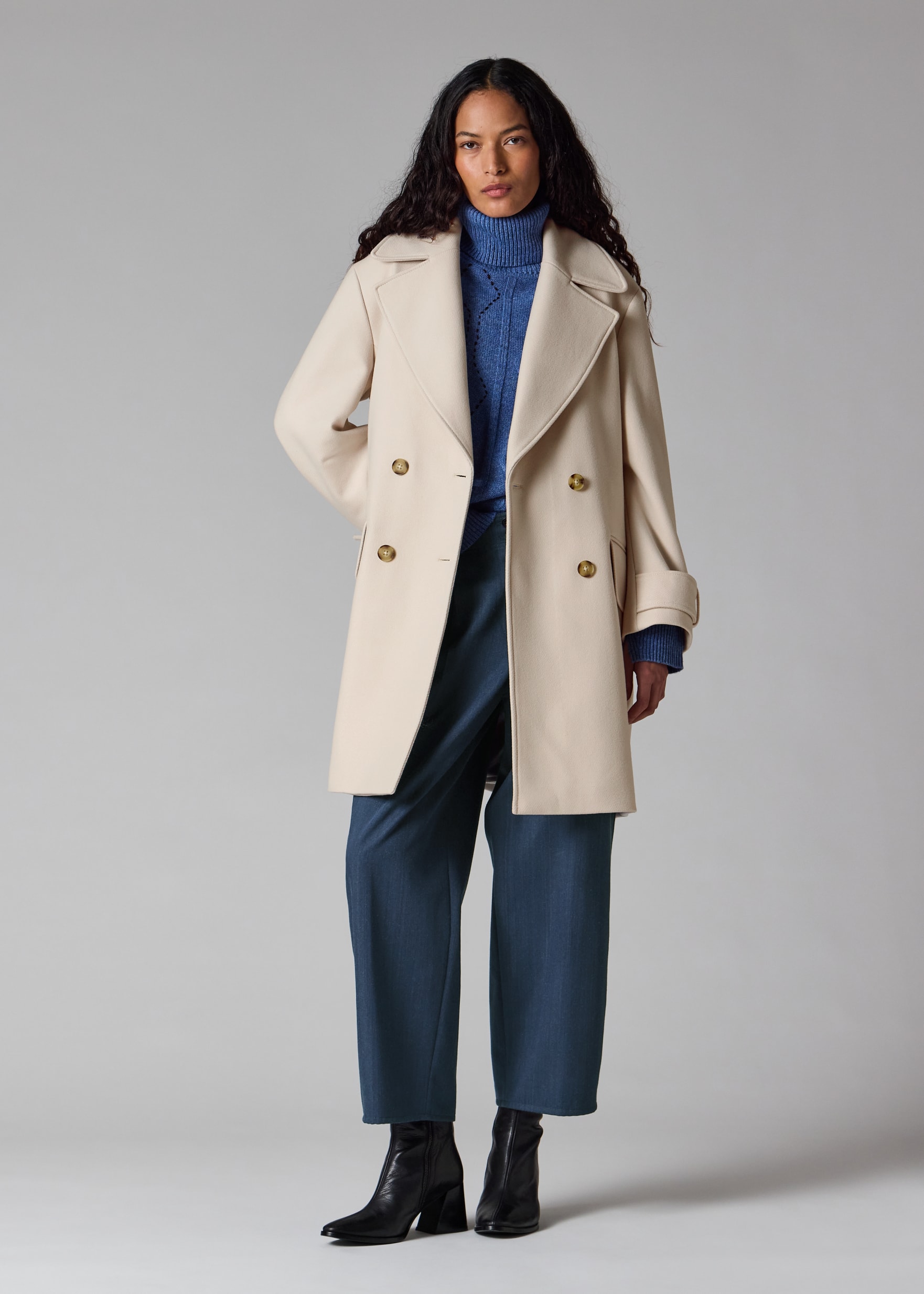 Women's Cream Double-Breasted Wool-Cashmere Coat