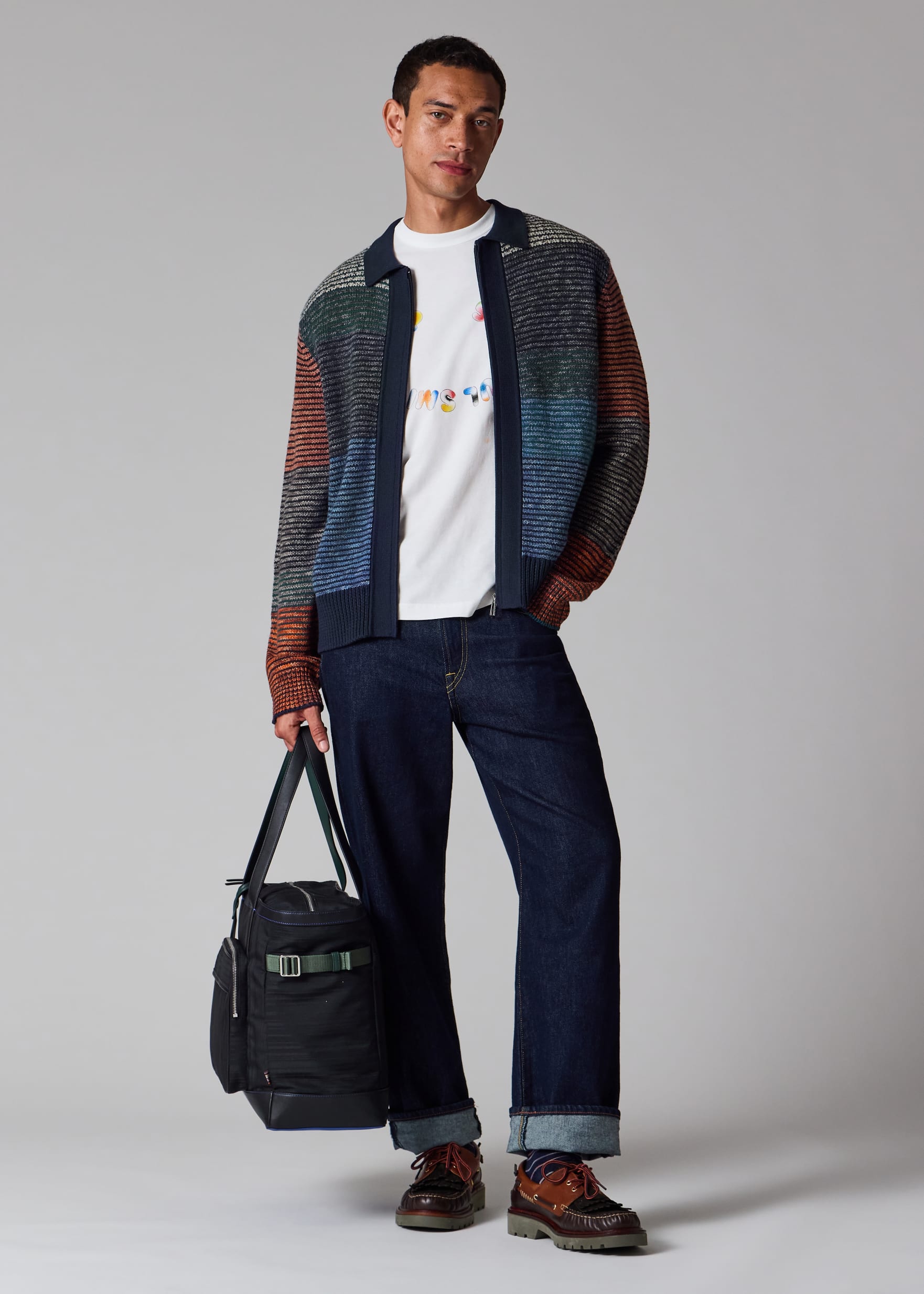 Men's Navy Colour-Block Zip-Through Cotton-Wool Cardigan