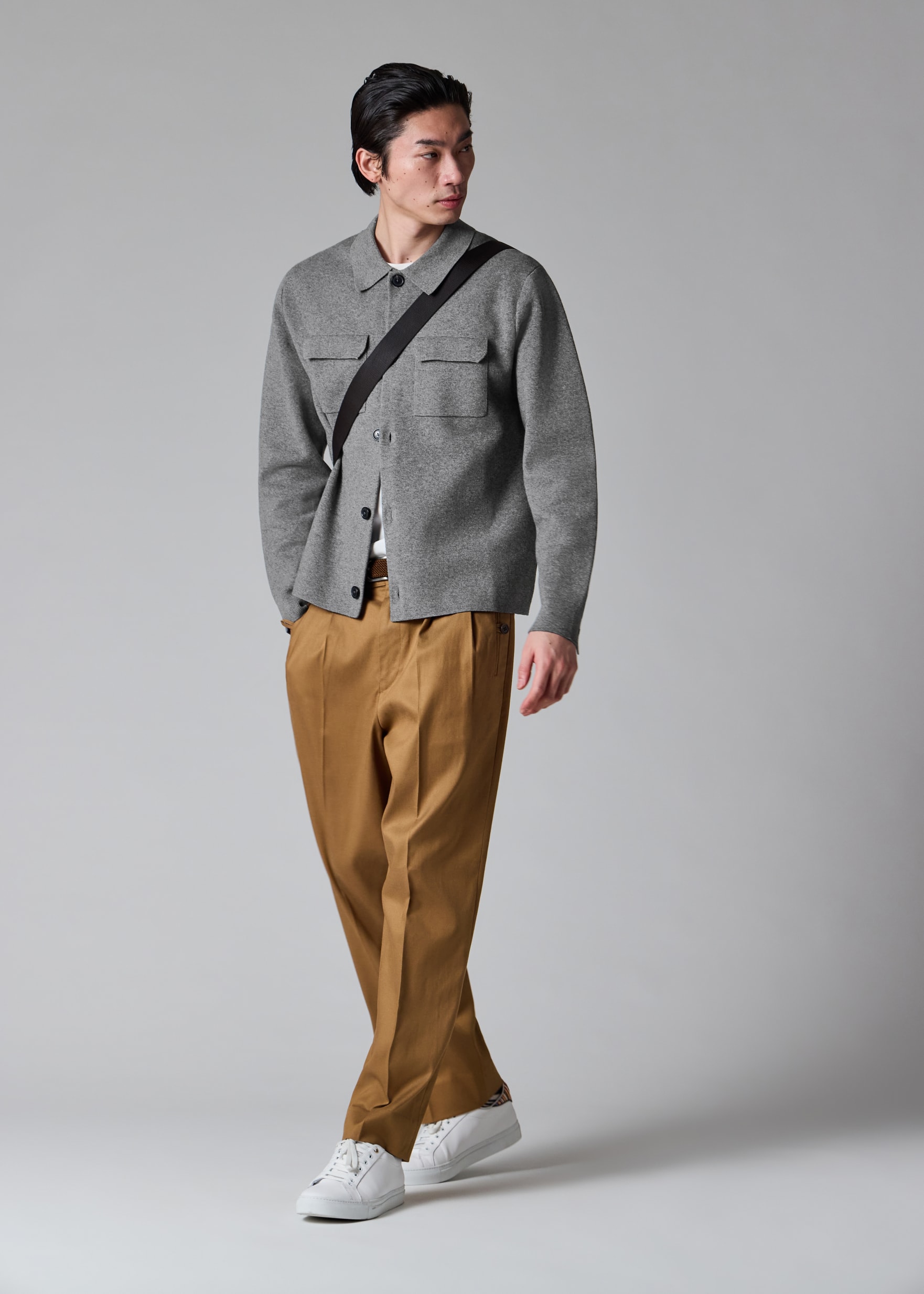 Men's Tan Double-Pleat Wide Leg Trousers