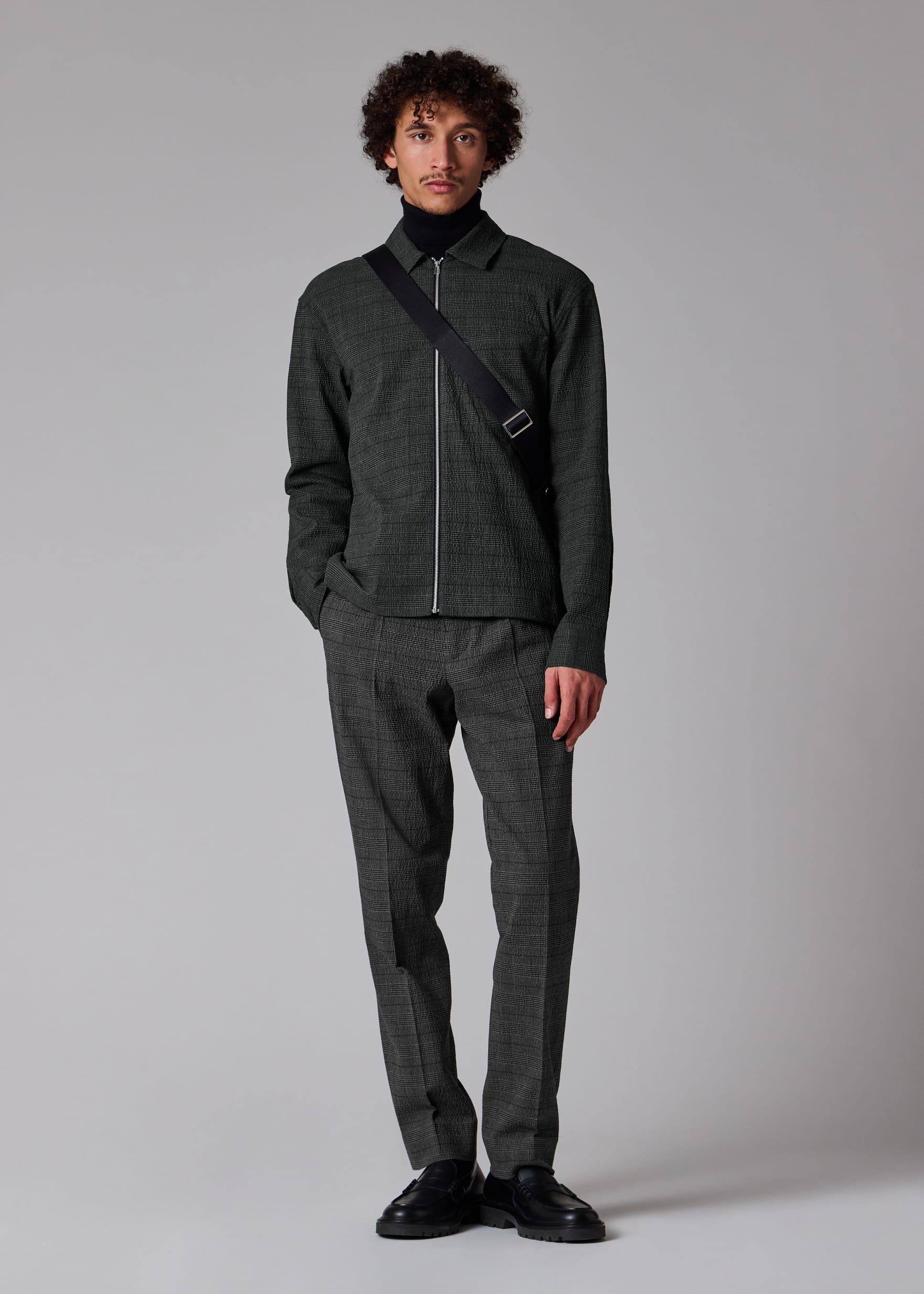 Grey Textured-Cotton Check Zip Overshirt