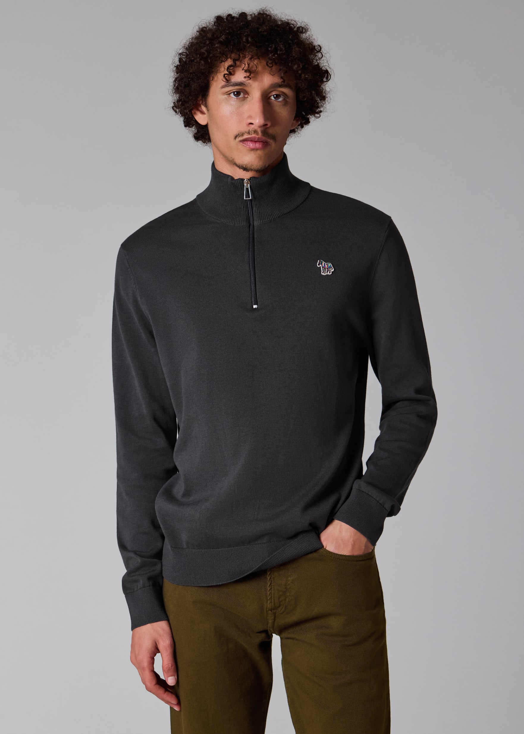 Men's Dark Grey Organic Cotton Quarter Zip Zebra Logo Sweater