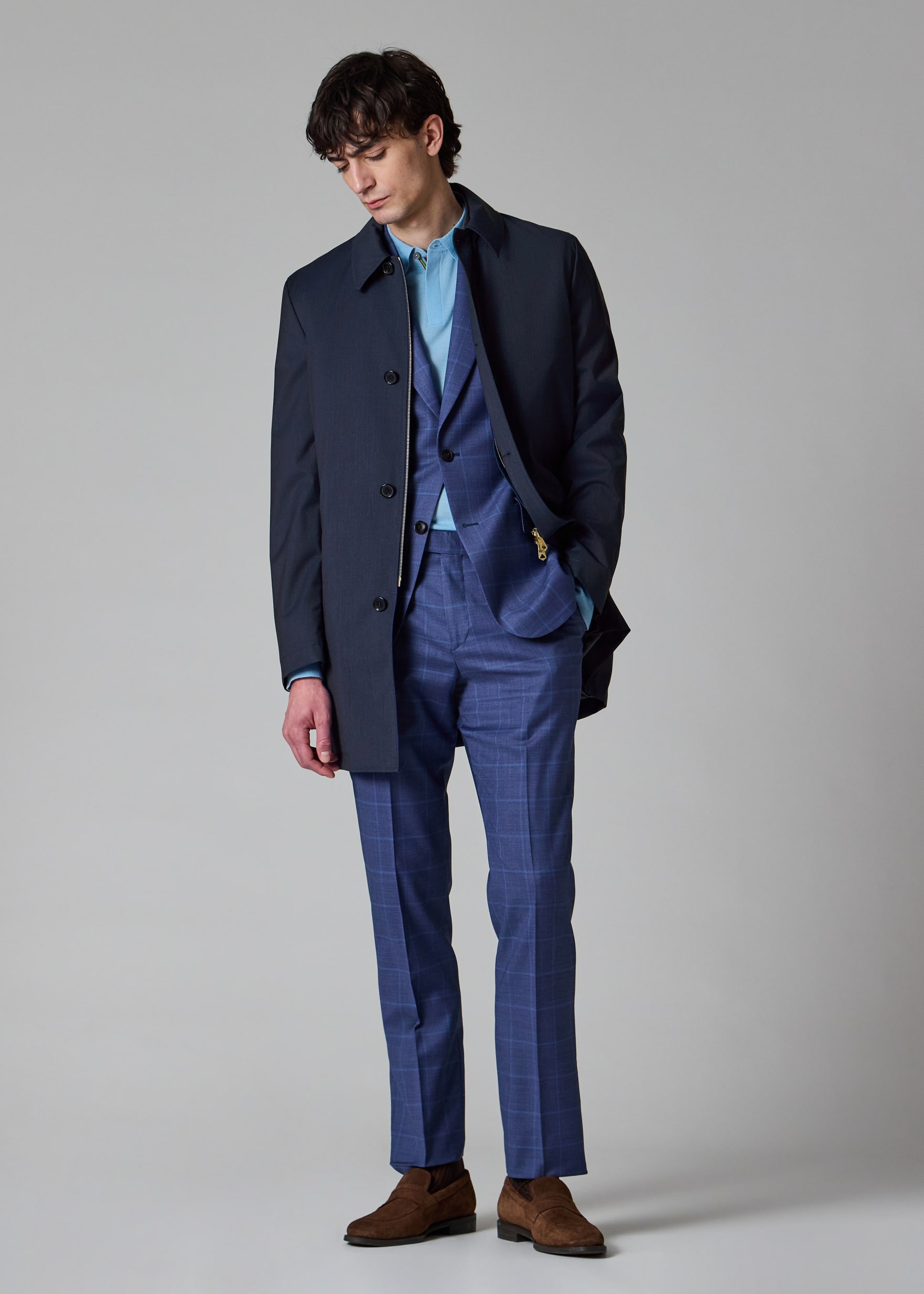 Men's Blue Melange 'Storm System' Wool Mac With Detachable Gilet