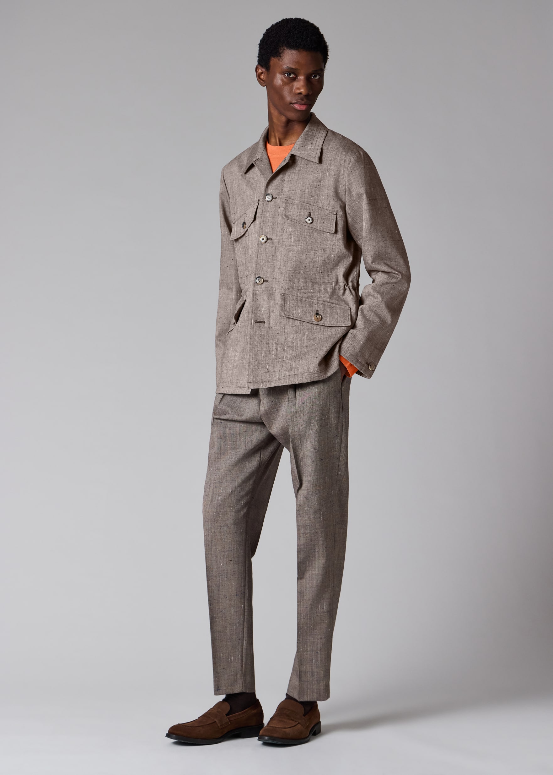 Men's Tapered-Fit Brown Flecked Wool-Viscose Pleated Trousers